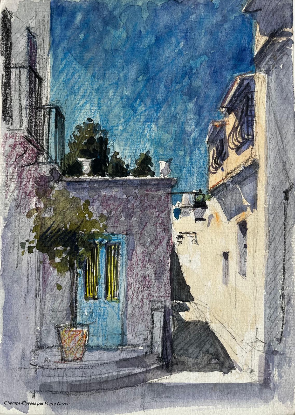 Pierre Neveusunlit Mediterranean Alley With Blue Door And Shadowed Walls French Village