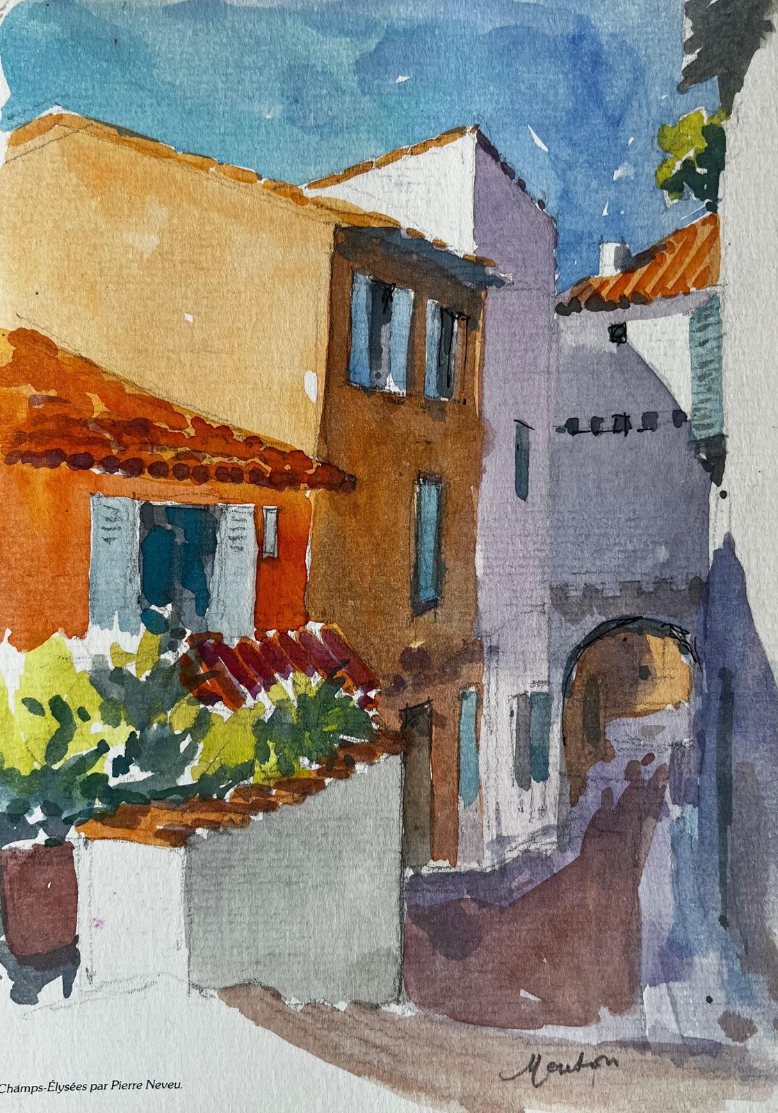 Pierre Neveusunlit Menton Mediterranean Street Colourful French Village Watercolor