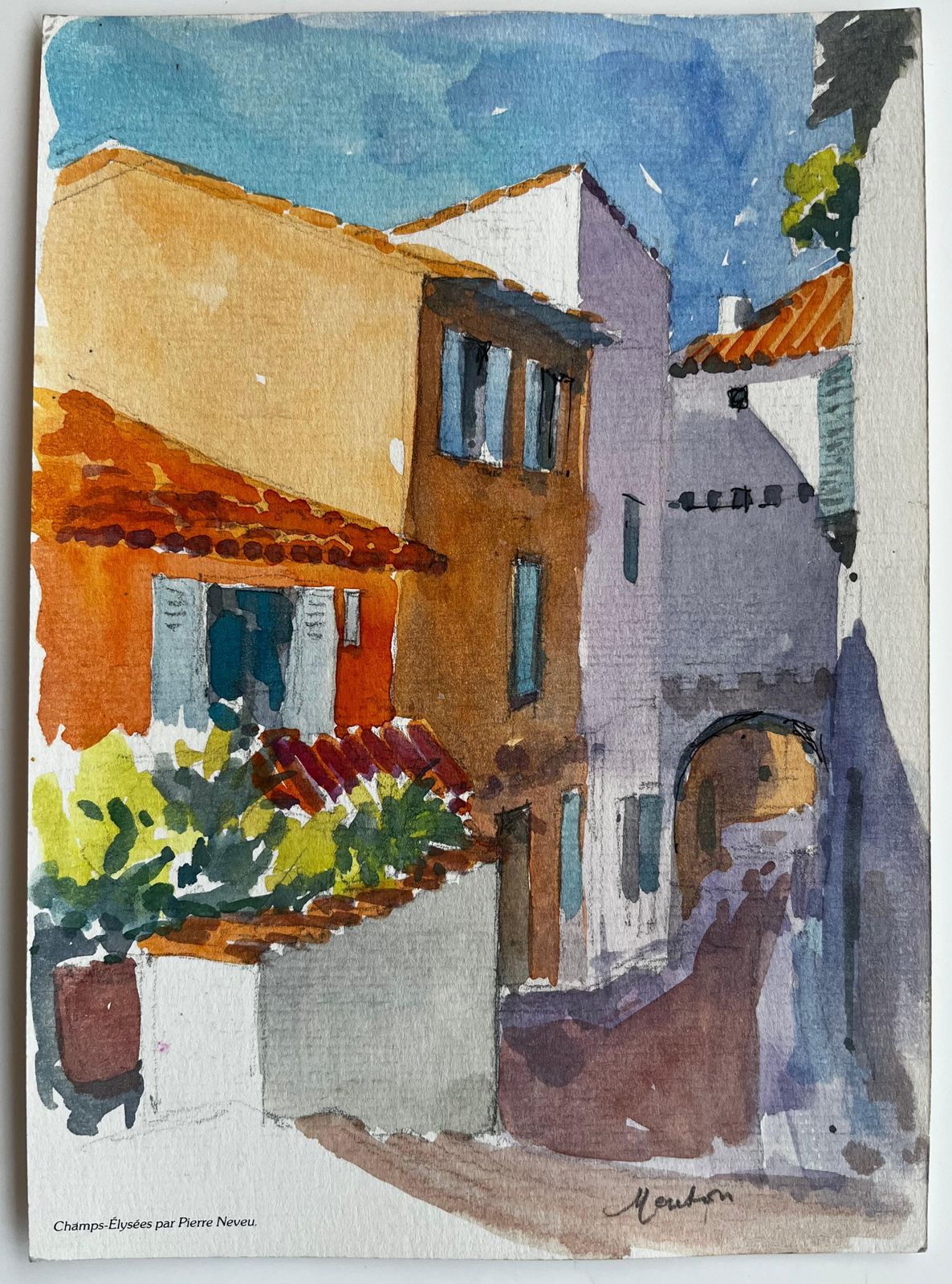 Pierre Neveusunlit Menton Mediterranean Street Colourful French Village Watercolor photo furniture