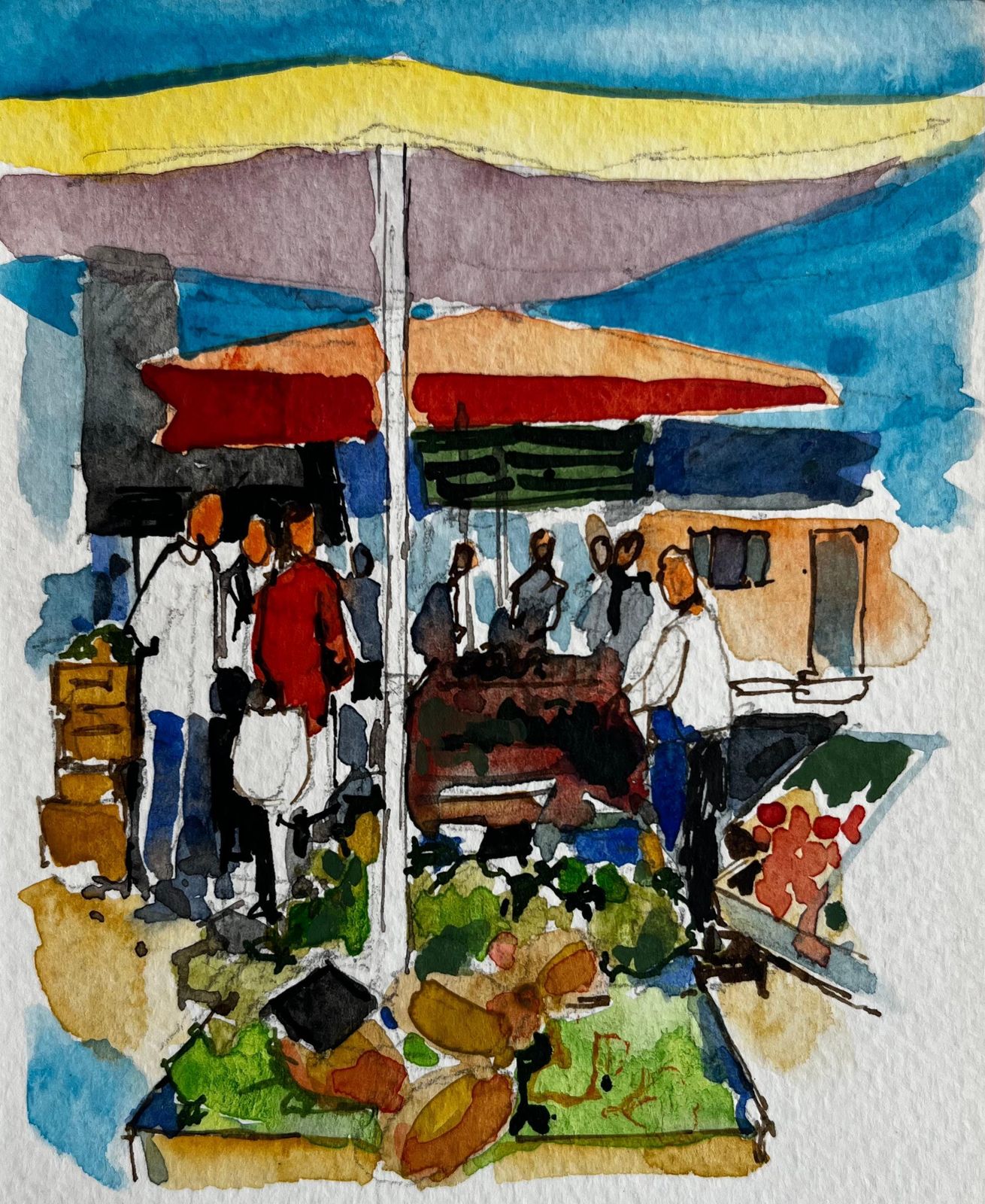 Pierre Neveuprovence Market Scene With Colourful Umbrellas And Figures French Watercolor