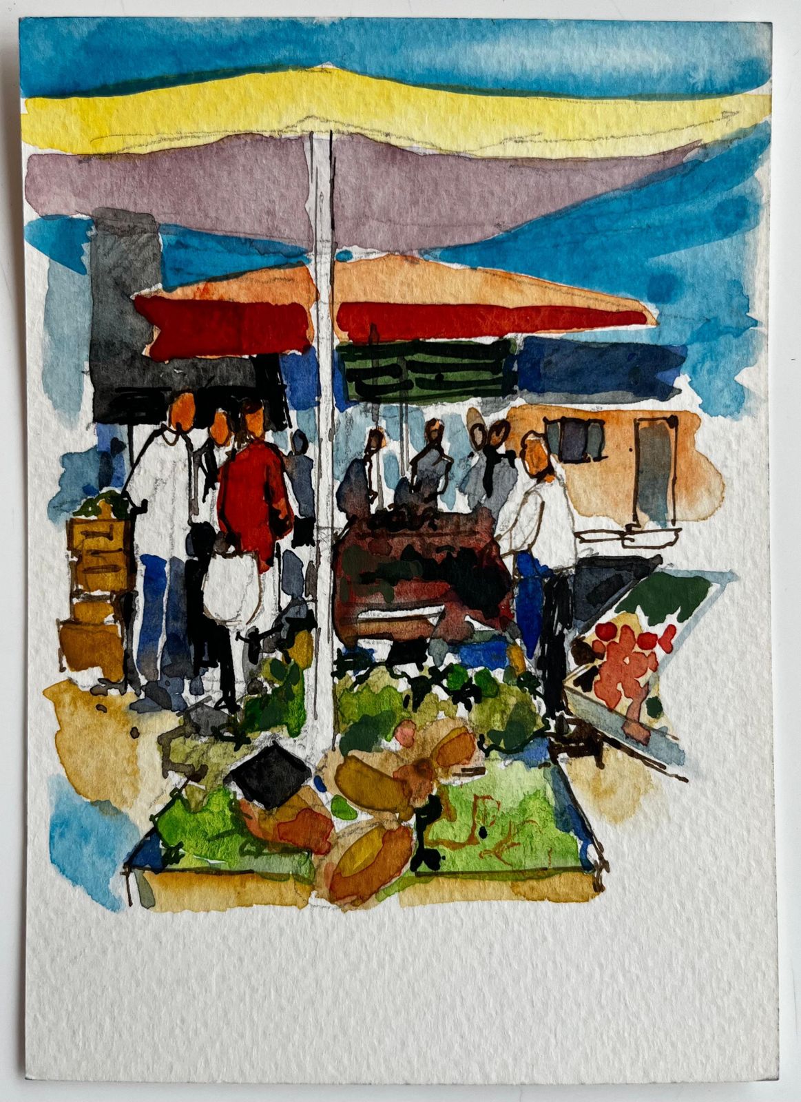 Pierre Neveuprovence Market Scene With Colourful Umbrellas And Figures French Watercolor photo furniture