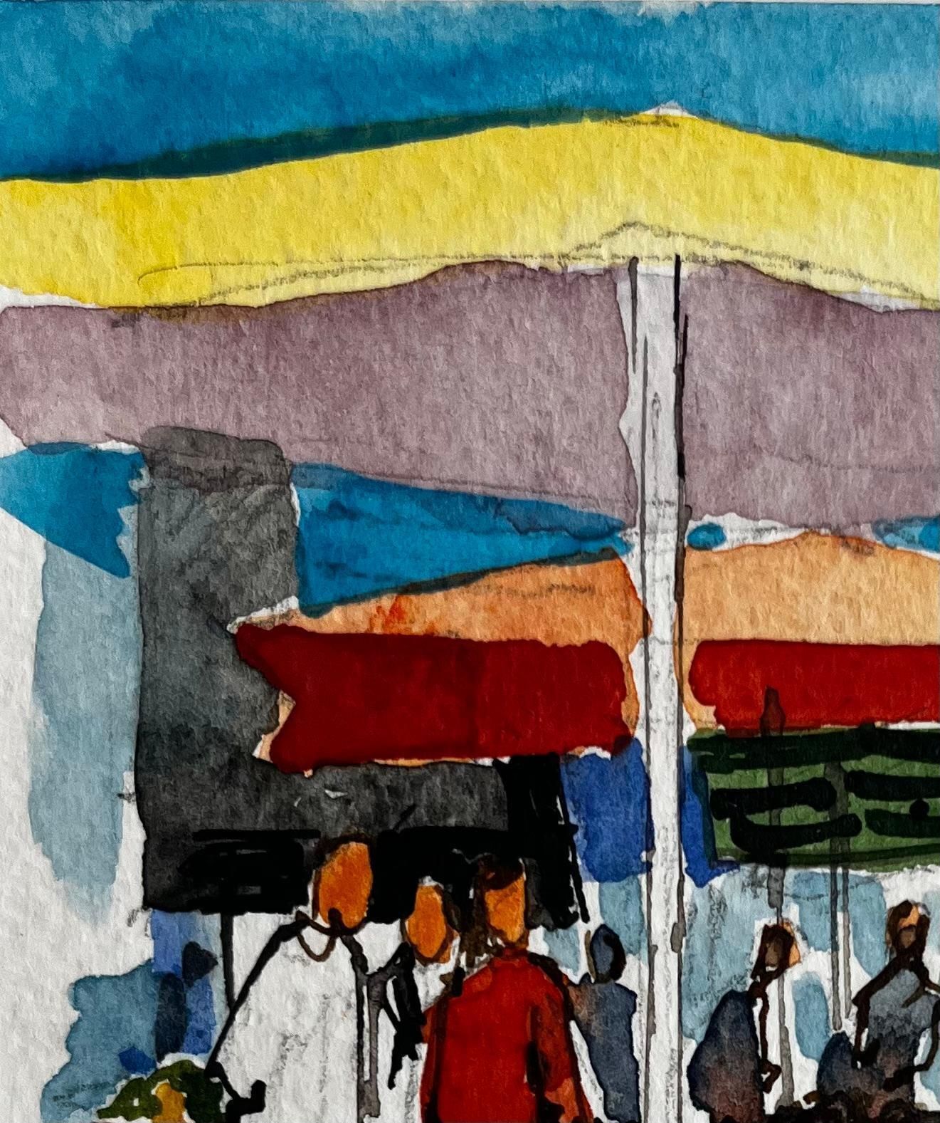 Pierre Neveuprovence Market Scene With Colourful Umbrellas And Figures French Watercolor photo for sale