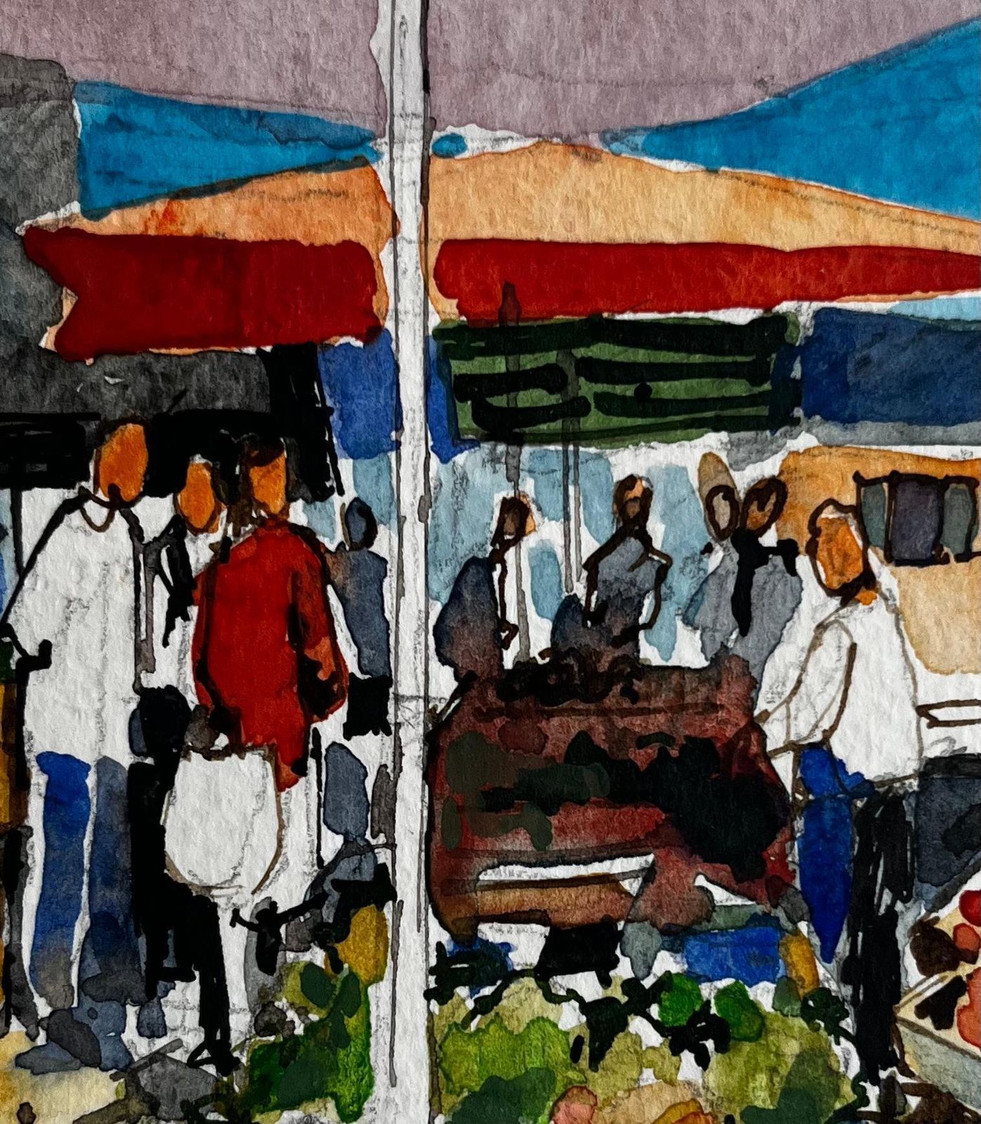 Pierre Neveuprovence Market Scene With Colourful Umbrellas And Figures French Watercolor photo buy
