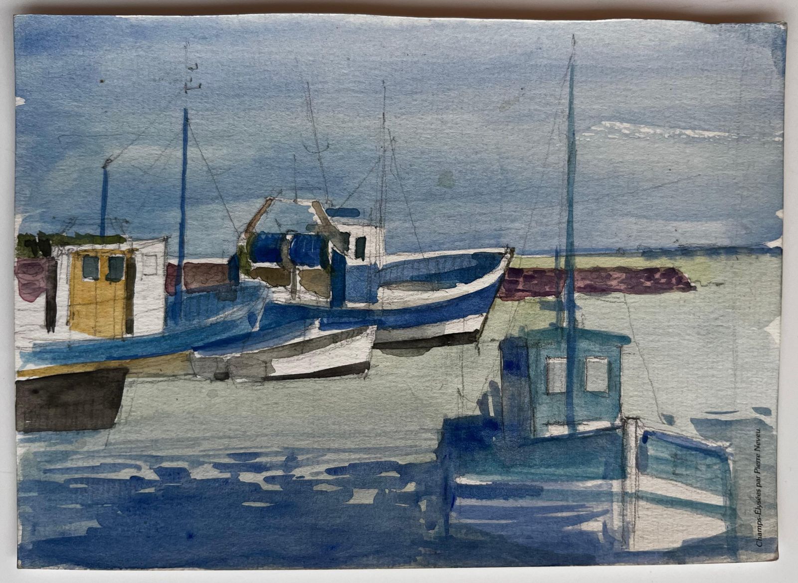Pierre Neveufishing Boats Moored In Quiet Harbour French Coastal Watercolor photo furniture