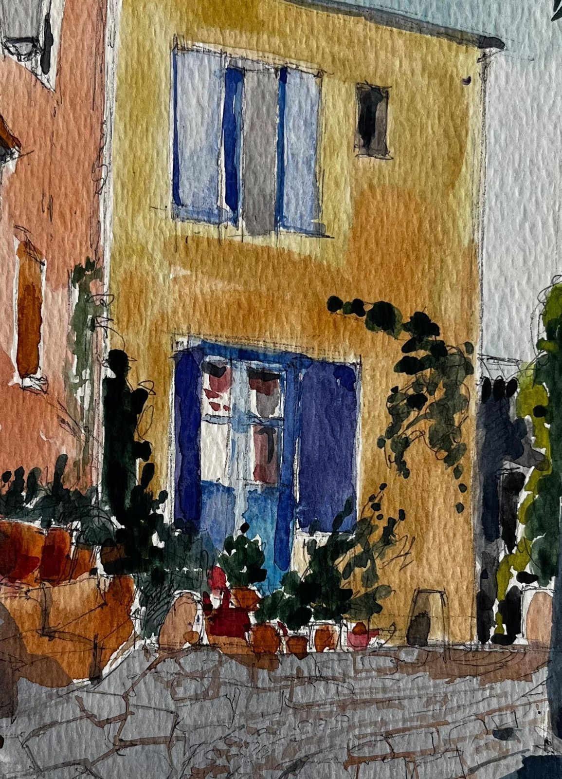 Pierre Neveufrench Village Street Colourful Houses Cobbled Path And Blue Shutters Watercolor photo buy
