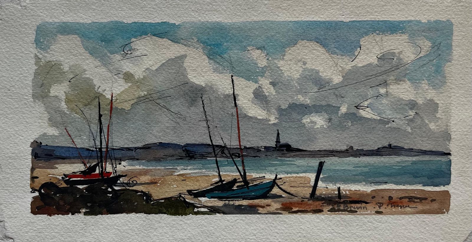 Pierre Neveufrench Coastal Boats Low Tide Beach Shoreline Fishing Vessels And Sky Watercolor2000