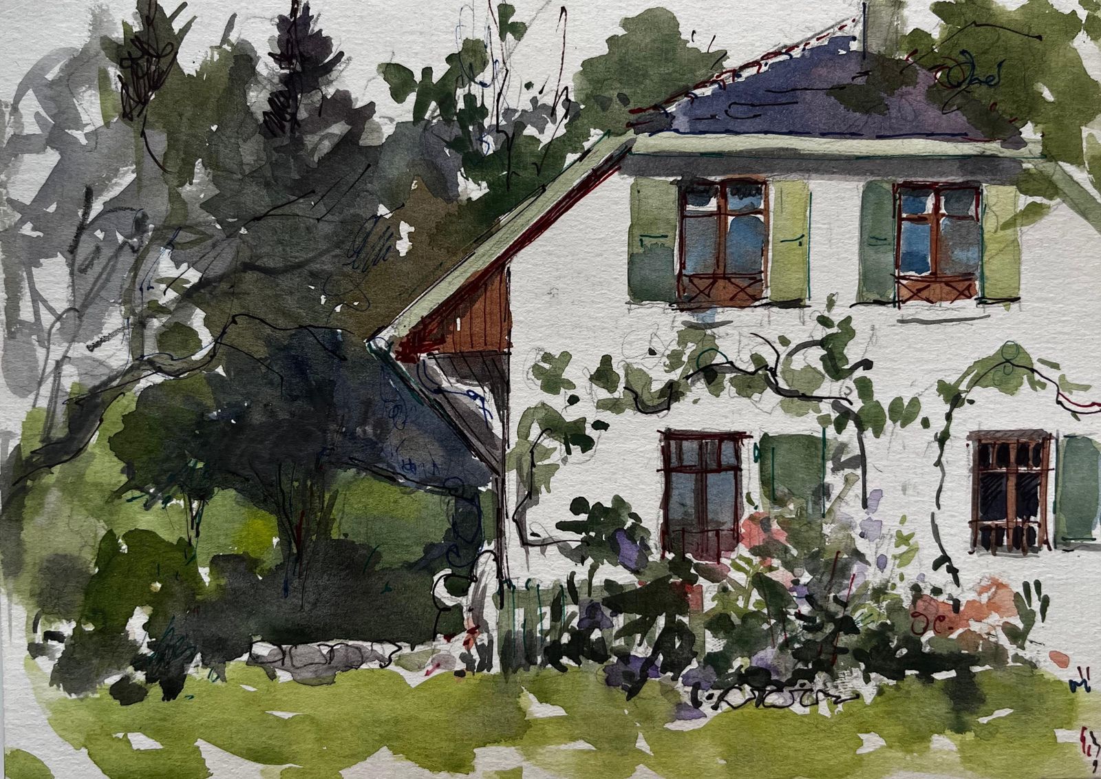 Pierre Neveucountry House Green Shutters Garden Flowers Trees And Lawn Watercolor