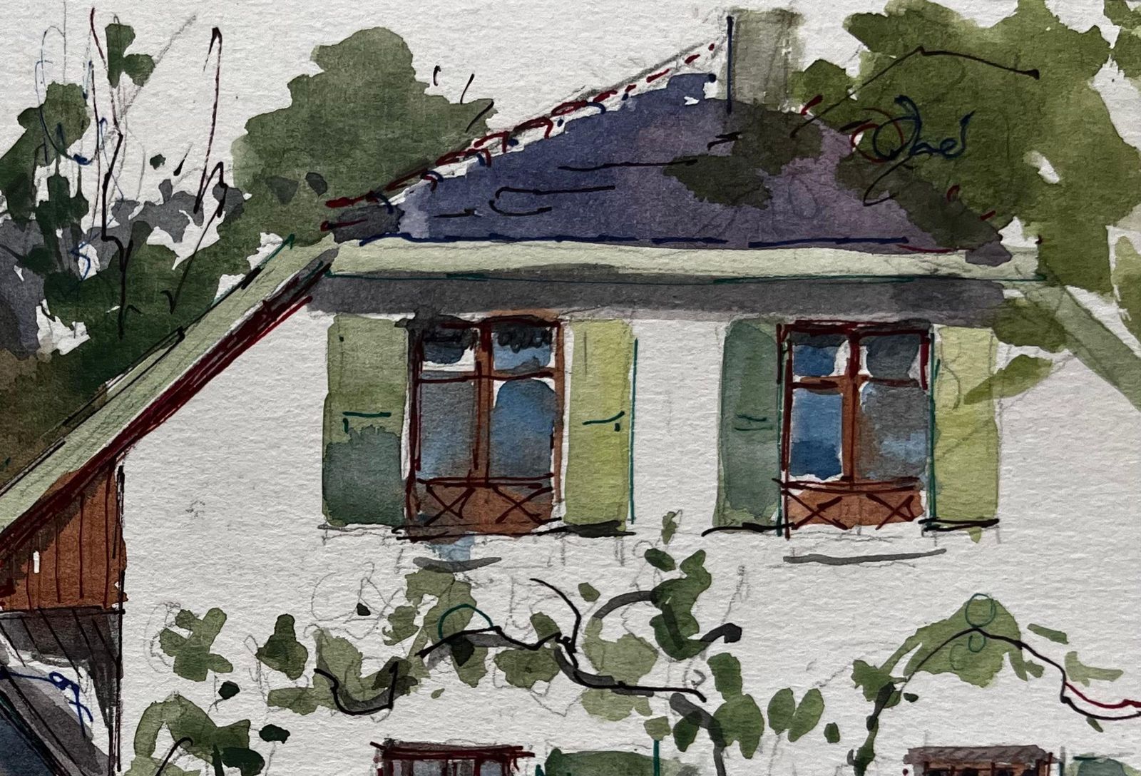 Pierre Neveucountry House Green Shutters Garden Flowers Trees And Lawn Watercolor photo Art