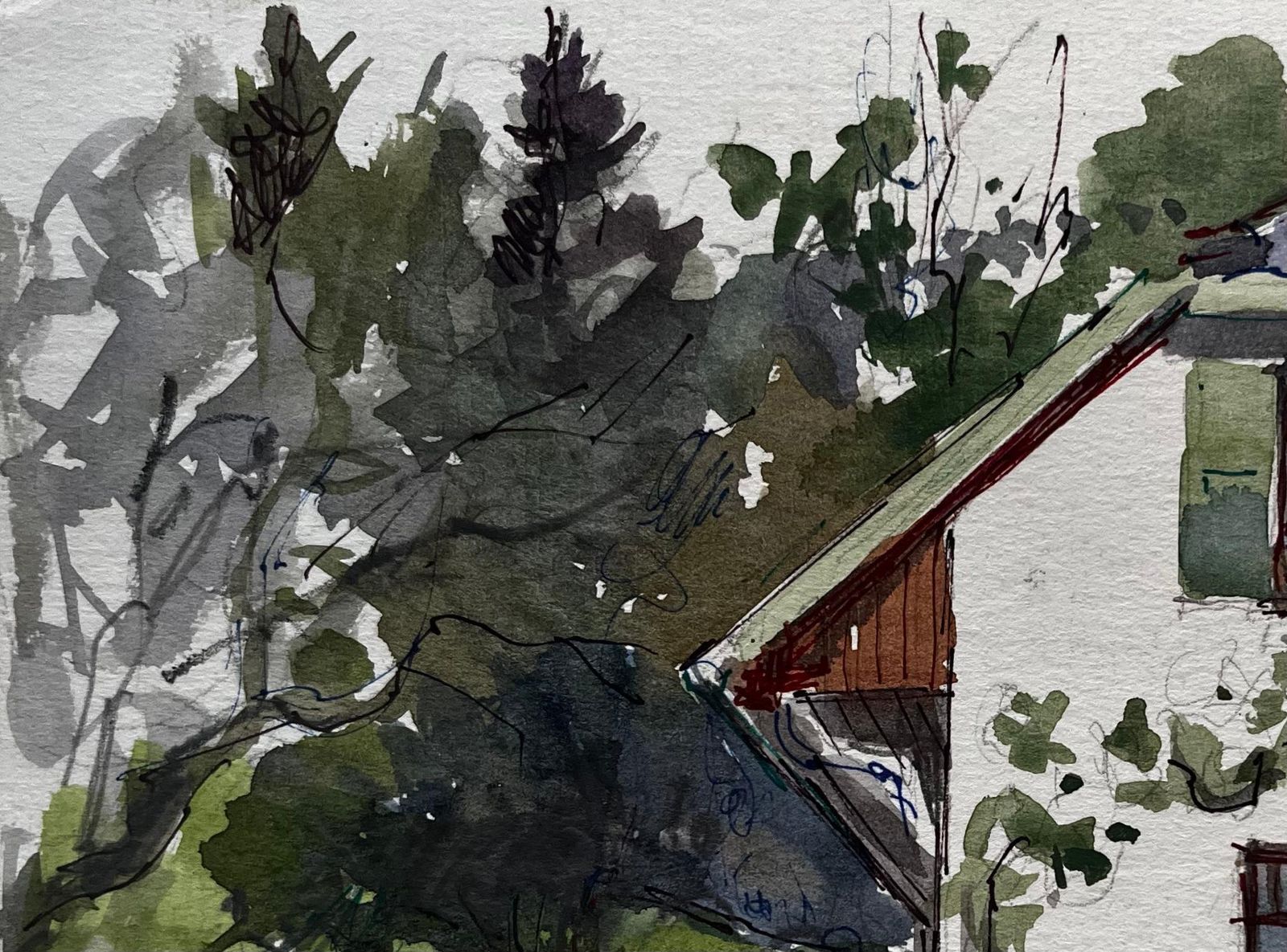 Pierre Neveucountry House Green Shutters Garden Flowers Trees And Lawn Watercolor photo vinterior