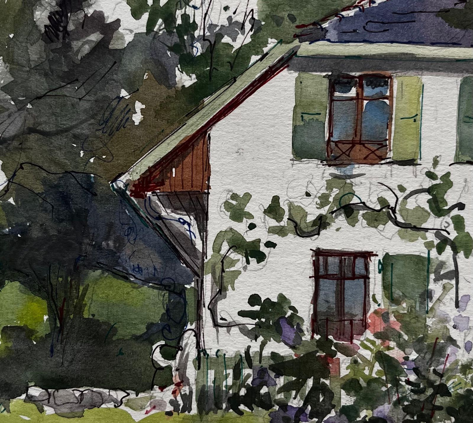 Pierre Neveucountry House Green Shutters Garden Flowers Trees And Lawn Watercolor photo buy