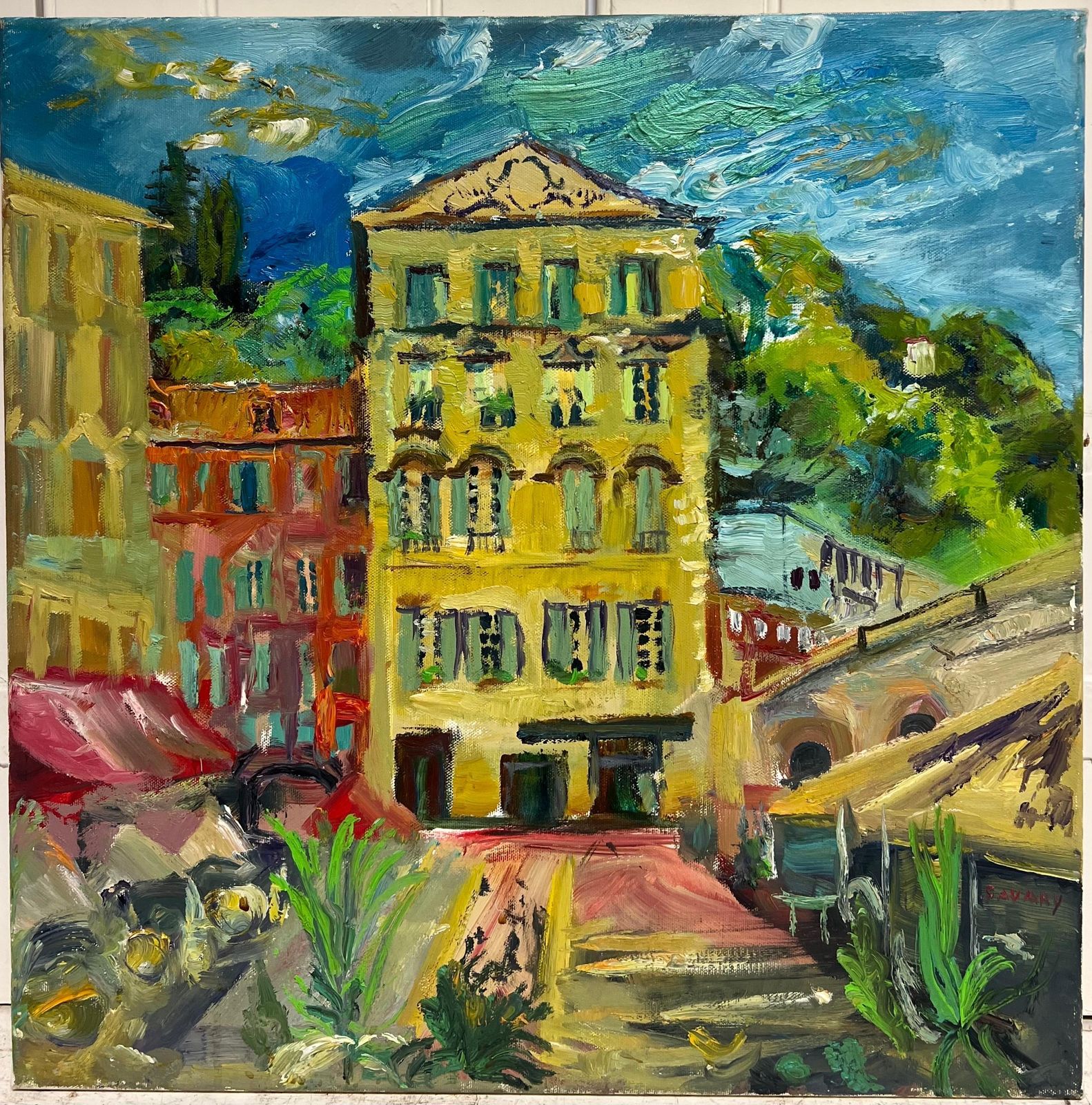 Robert Savarycours Saleya Nice Market Old Town Signed Original Vibrant Oil Paintingc.198's photo for sale