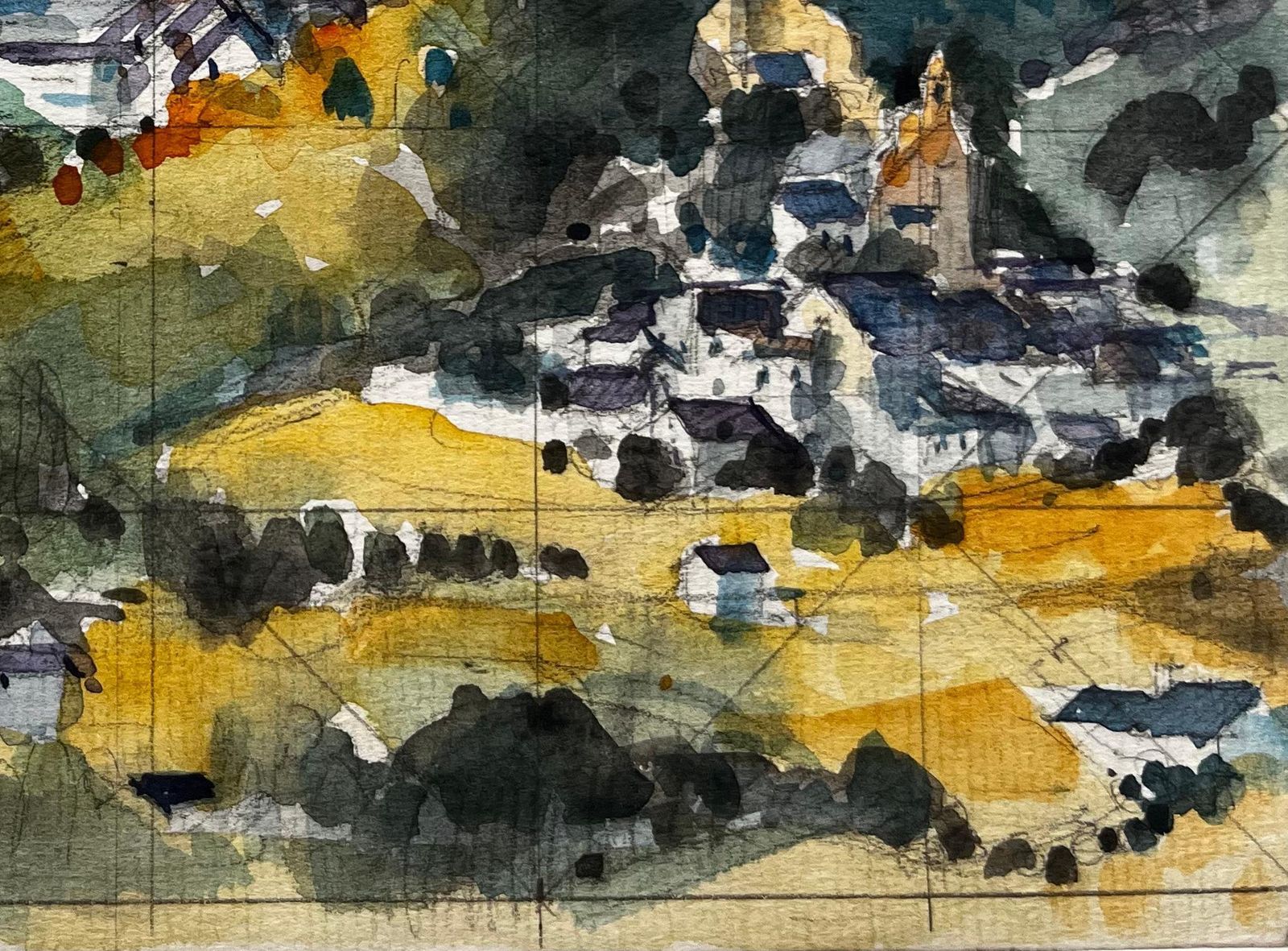 Pierre Neveuexpansive Hilltop Village View Countryside Fields Trees And Sky Watercolor photo for sale