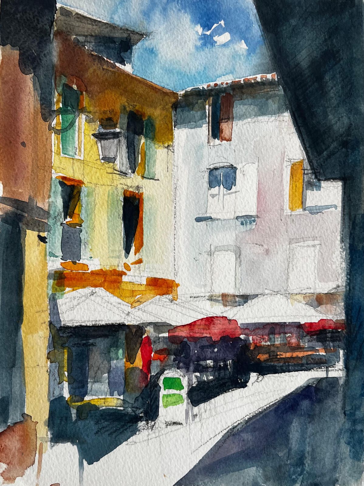 Pierre Neveufrench Street Café Colourful Facades Sunlit Terrace And Market Awnings