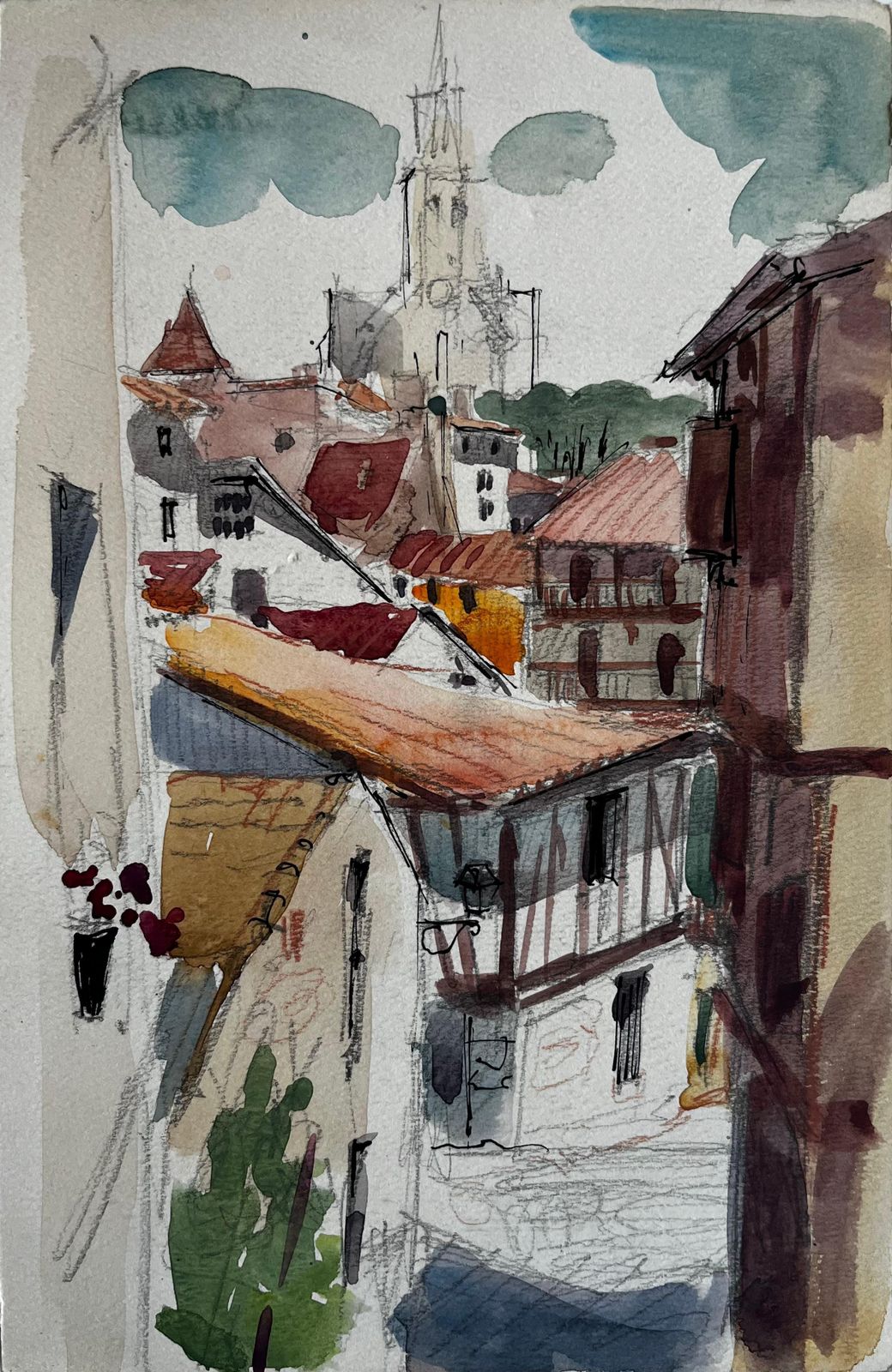 Pierre Neveufrench Village Rooftops Church Spire And Timber Houses Watercolor
