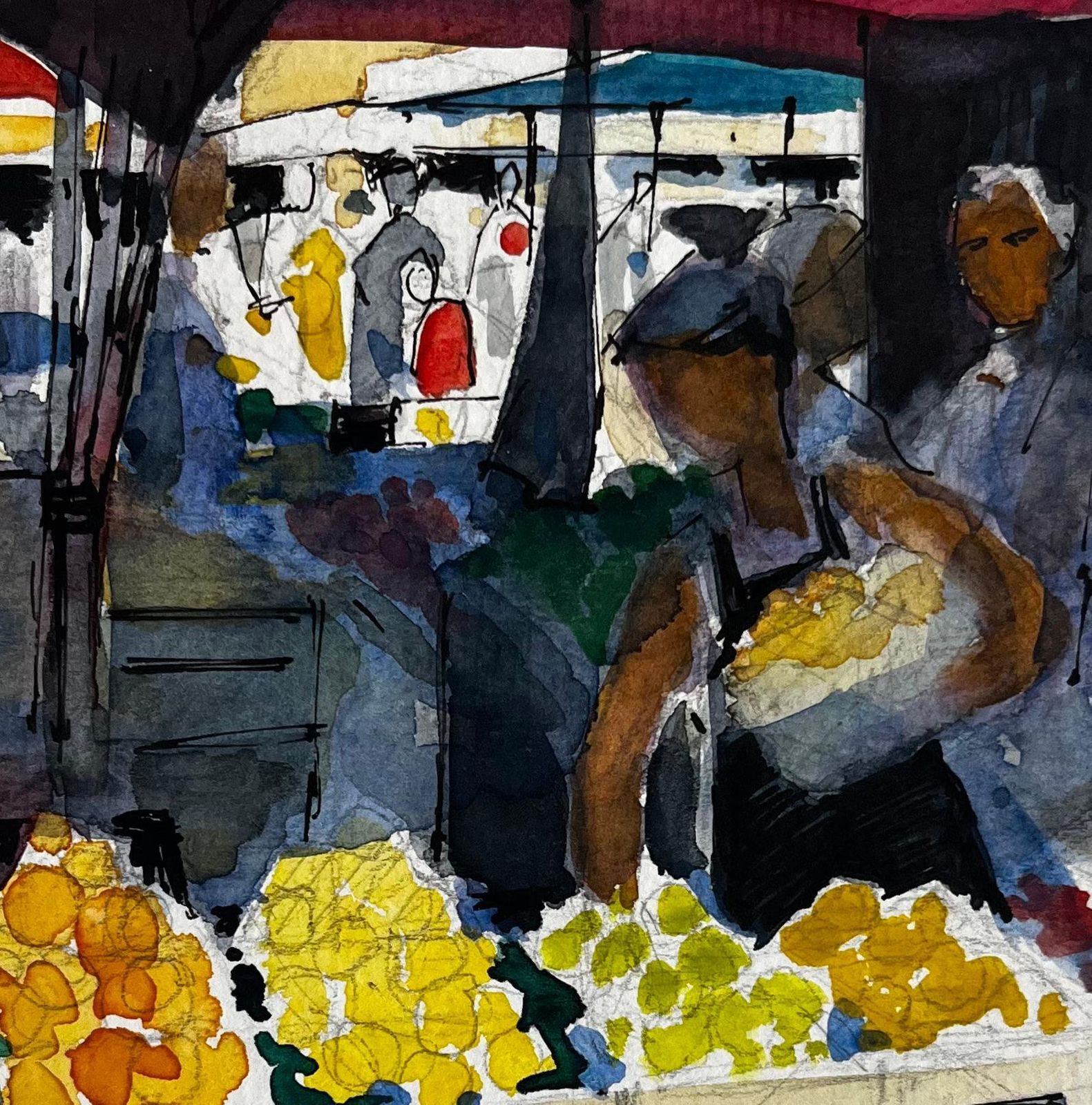 Pierre Neveufrench Market Scene Fruit Stalls Figures And Colourful Awnings Watercolor photo buy