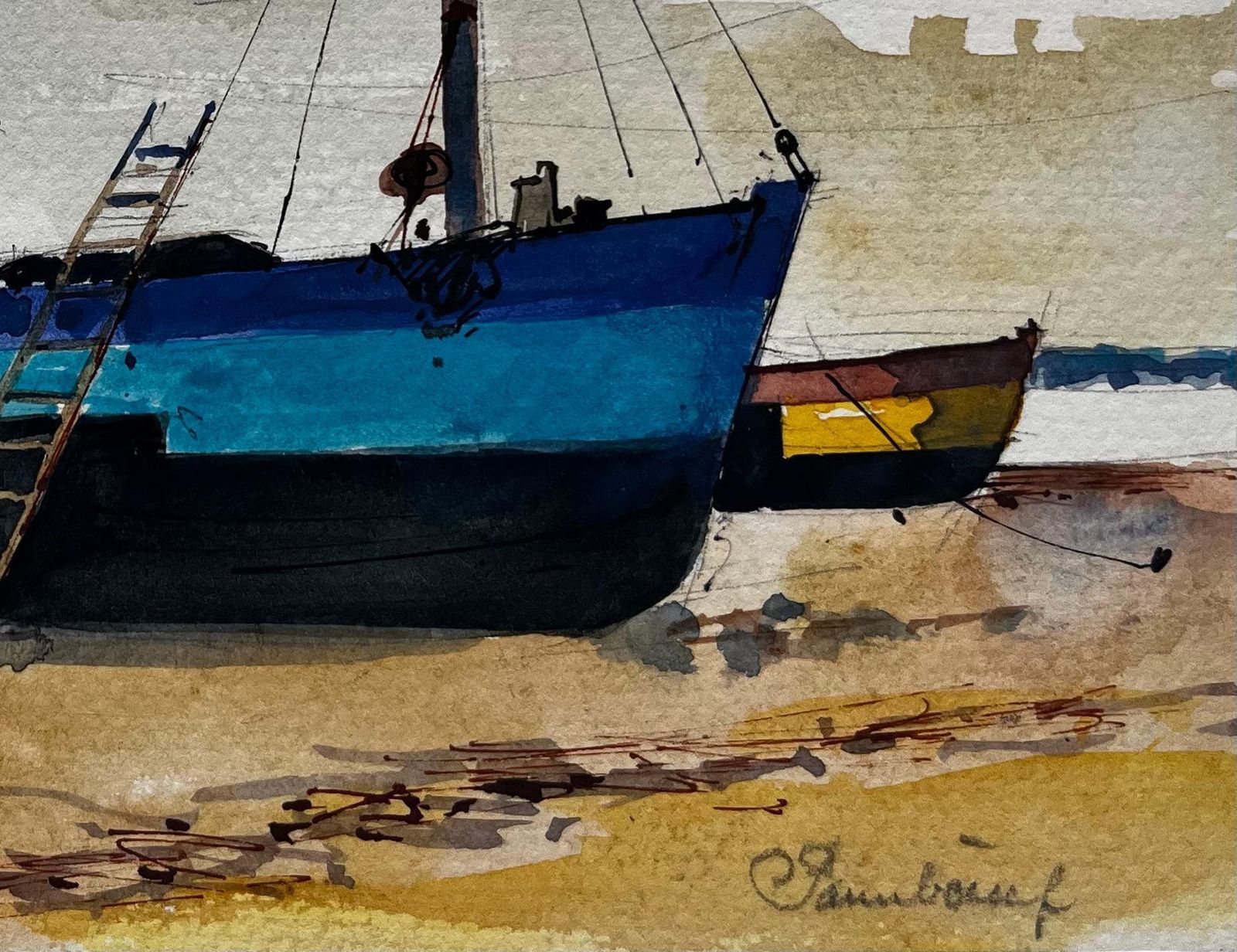 Pierre Neveublue Fishing Boat Low Tide Harbour Scene Coastal Watercolor photo for sale
