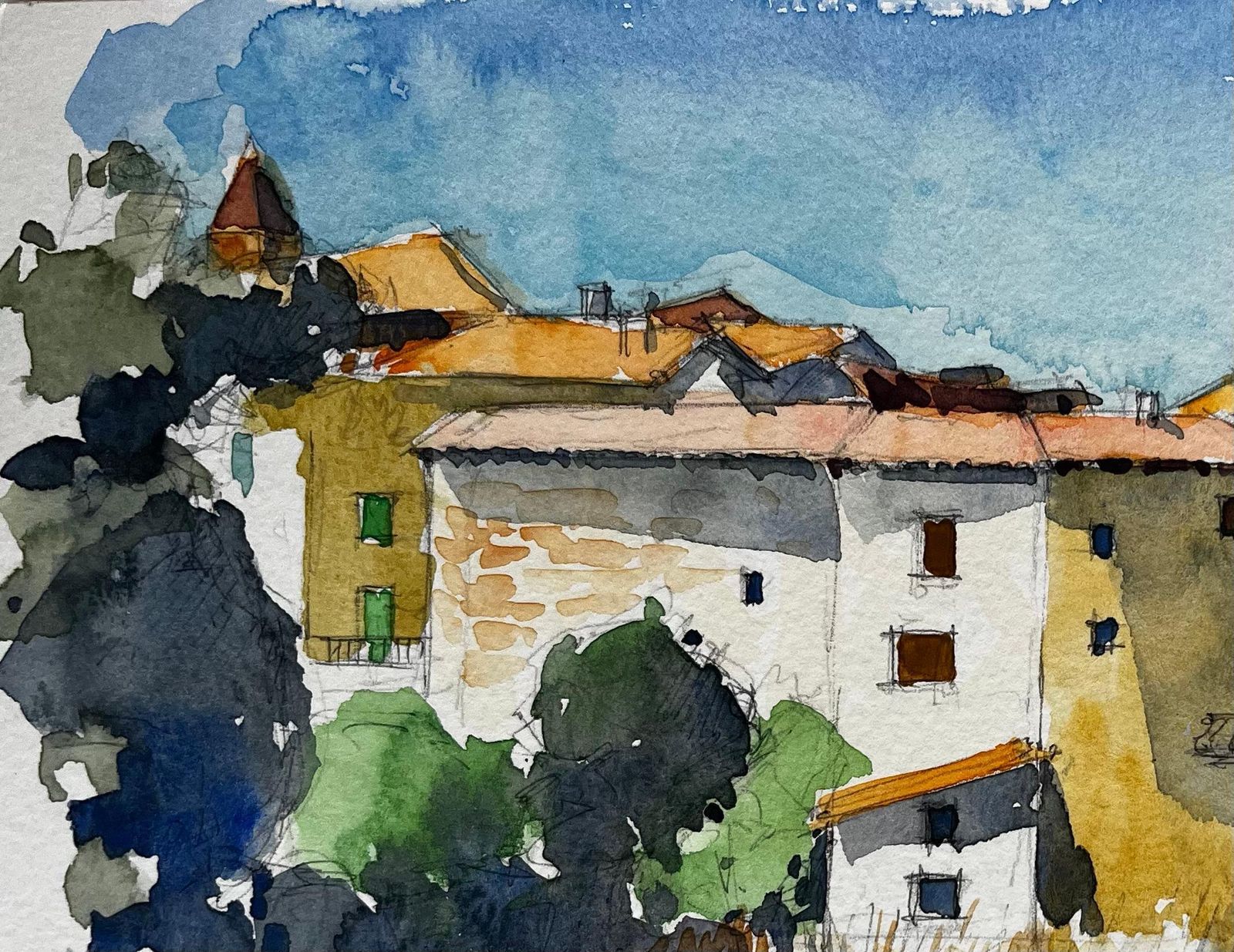 Pierre Neveumediterranean Hilltop Village Houses Trees And Summer Sky Watercolor photo for sale
