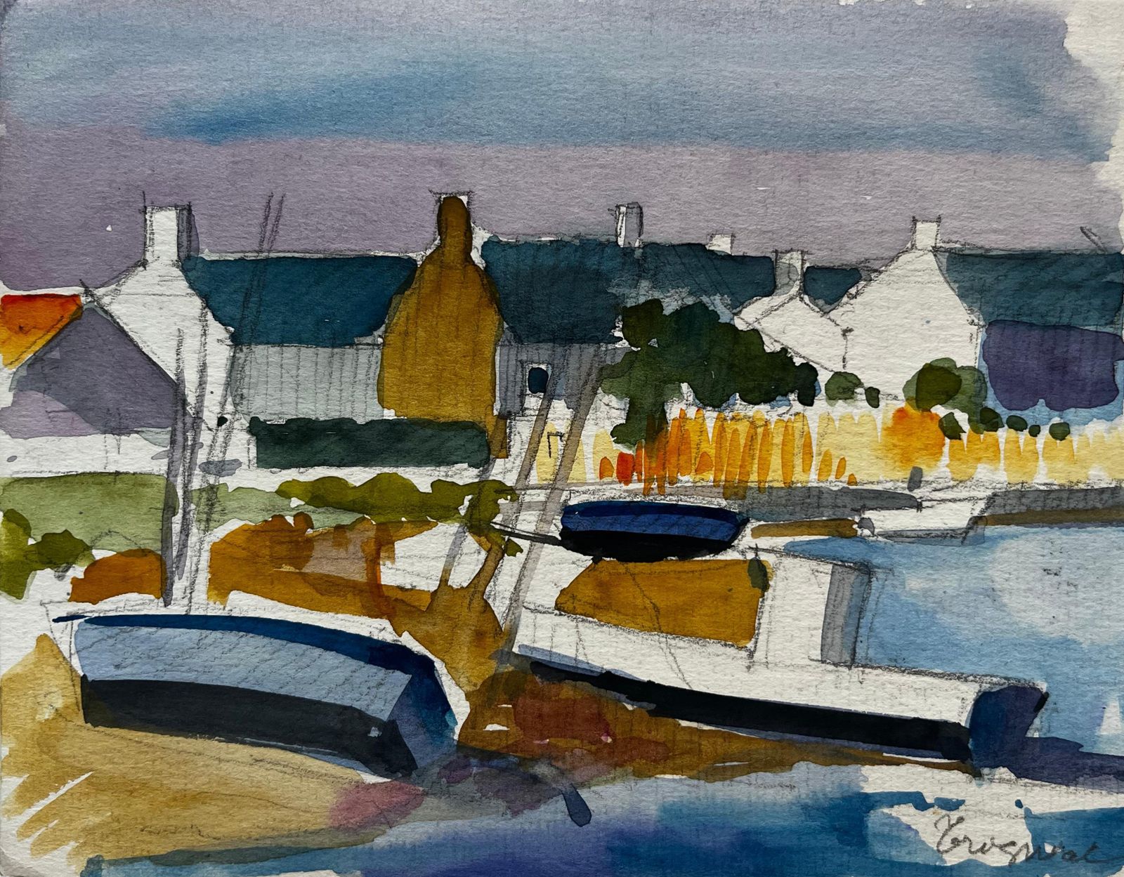 Pierre Neveucoastal Village Boats Harbourfront Houses Trees And Water Watercolor