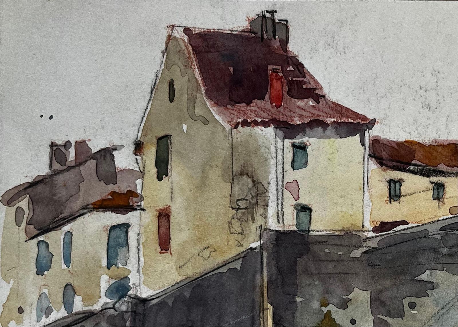 Pierre Neveufrench Stone Bridge Village Houses Riverside Scene Watercolor photo for sale