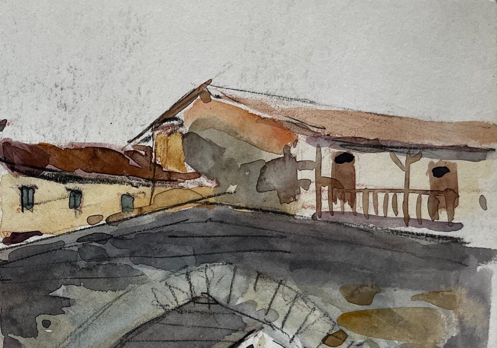 Pierre Neveufrench Stone Bridge Village Houses Riverside Scene Watercolor photo 468.0