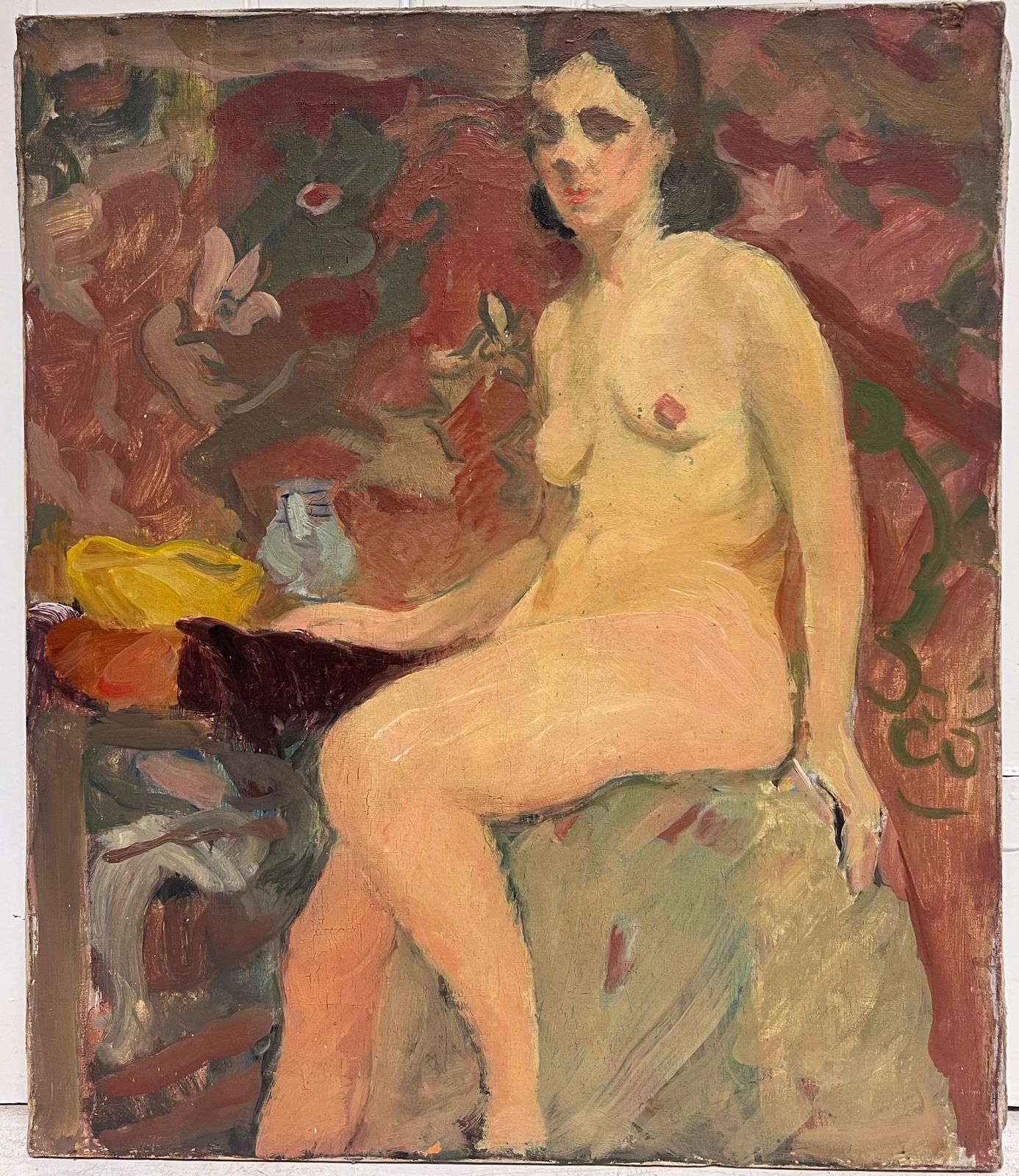 Suzanne Dinkes1930's French Post Impressionist Oil Painting Portrait Of Seated Nude Lady Model1930's photo furniture