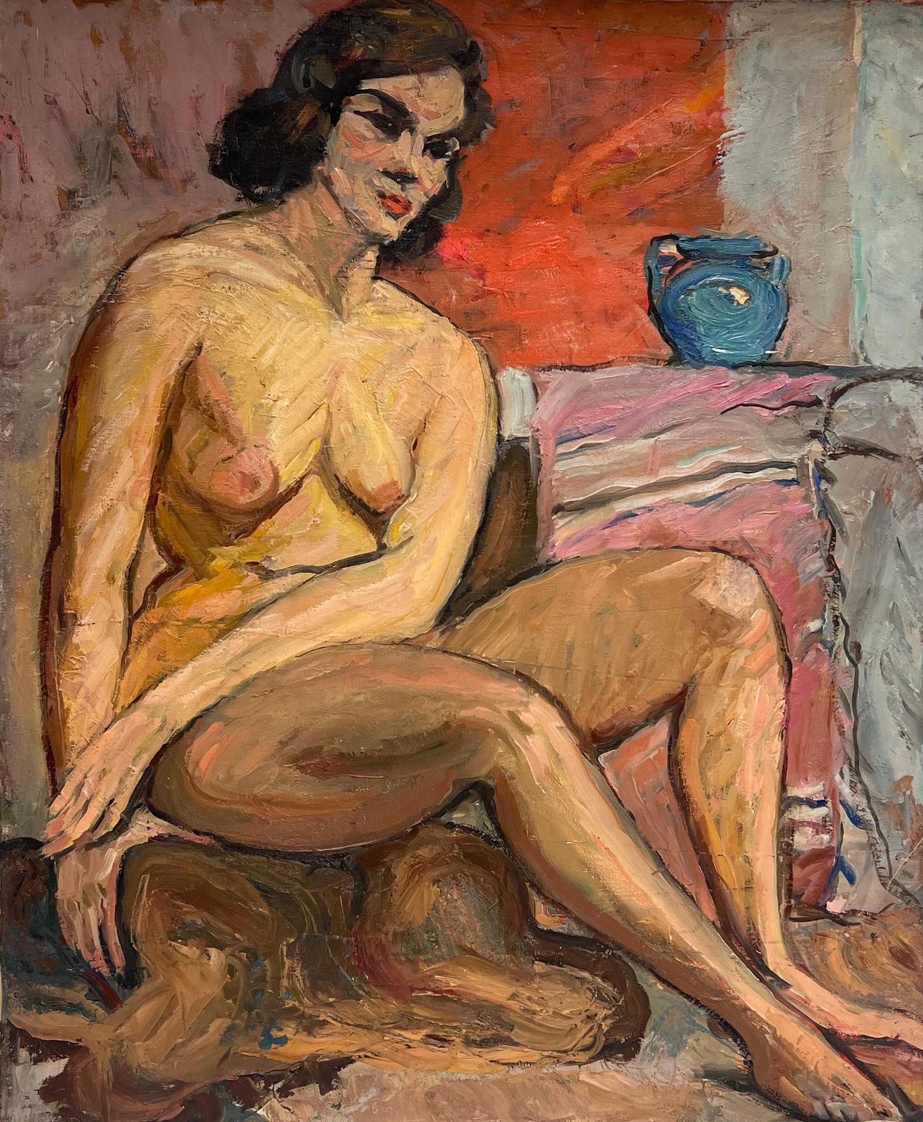 Suzanne Dinkessuperb French Mid Century Oil Painting Nude Woman Artists Model In Interior Room1950's
