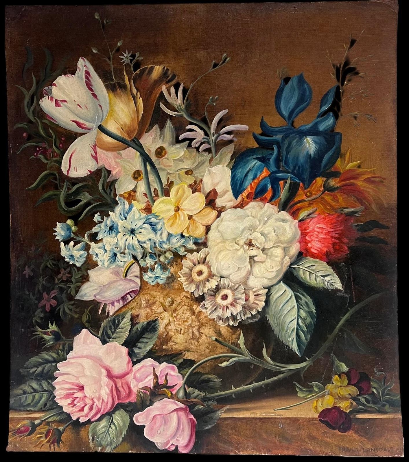 Frank Lonsdalefine Classical Still Life Of Ornate Flowers On Marble Plinth Signed English Oil1936 photo furniture