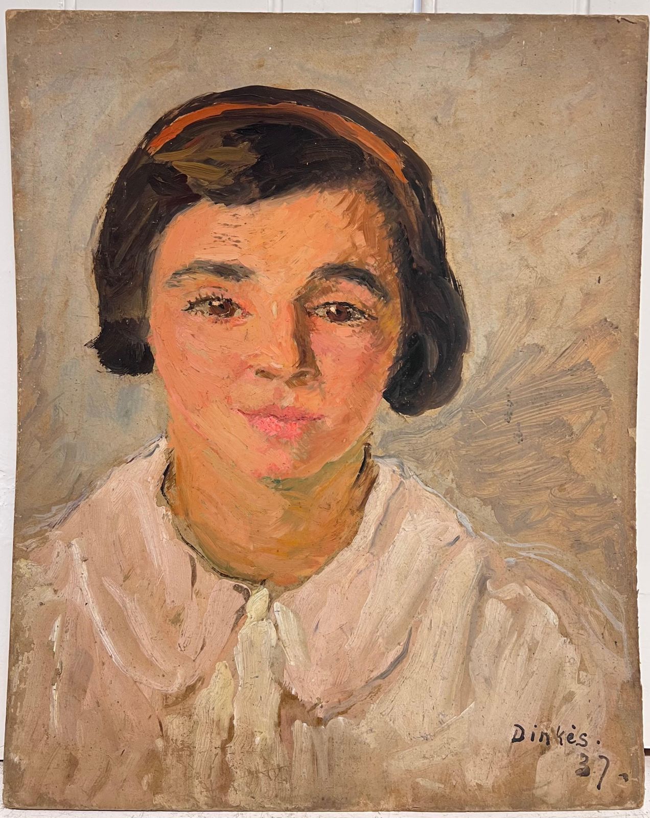 Suzanne Dinkes1930's French Signed Oil Painting Head & Shoulders Portrait Young Lady1930's photo furniture
