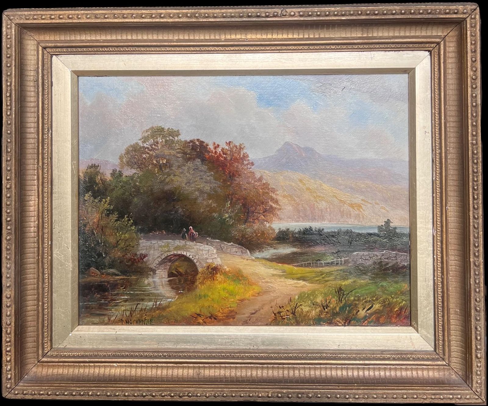 Emma Landseersigned 19th Century Scottish Oil Painting Figures Crossing Old Stone Bridge