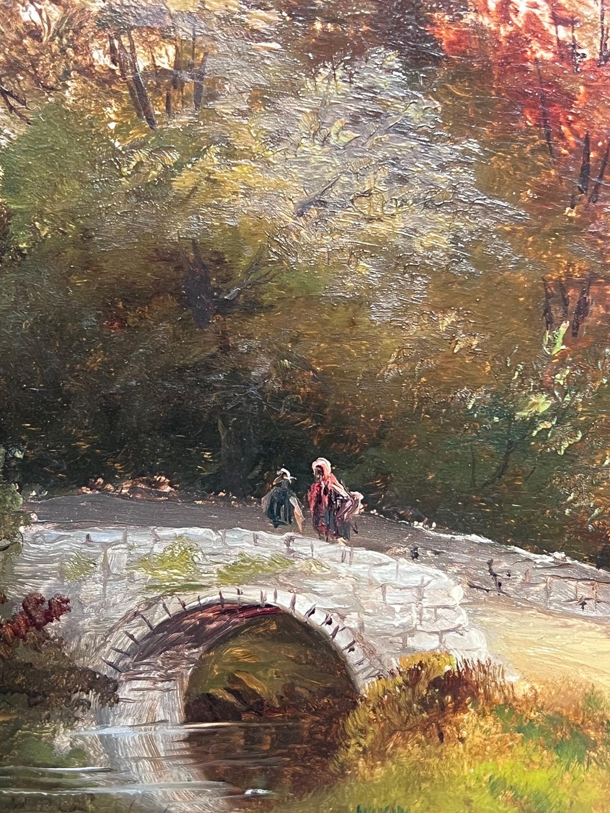 Emma Landseersigned 19th Century Scottish Oil Painting Figures Crossing Old Stone Bridge photo furniture
