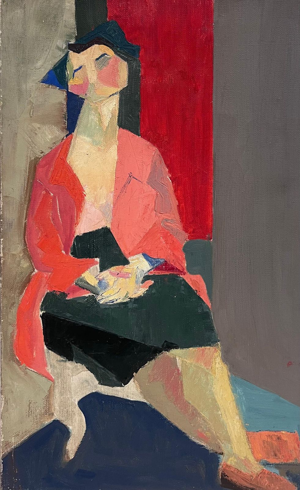 Laure Noetzin Azam (French 1929 2024)fine Mid 20th Century French Cubist Oil Painting Portrait Of Angular Seated Lady