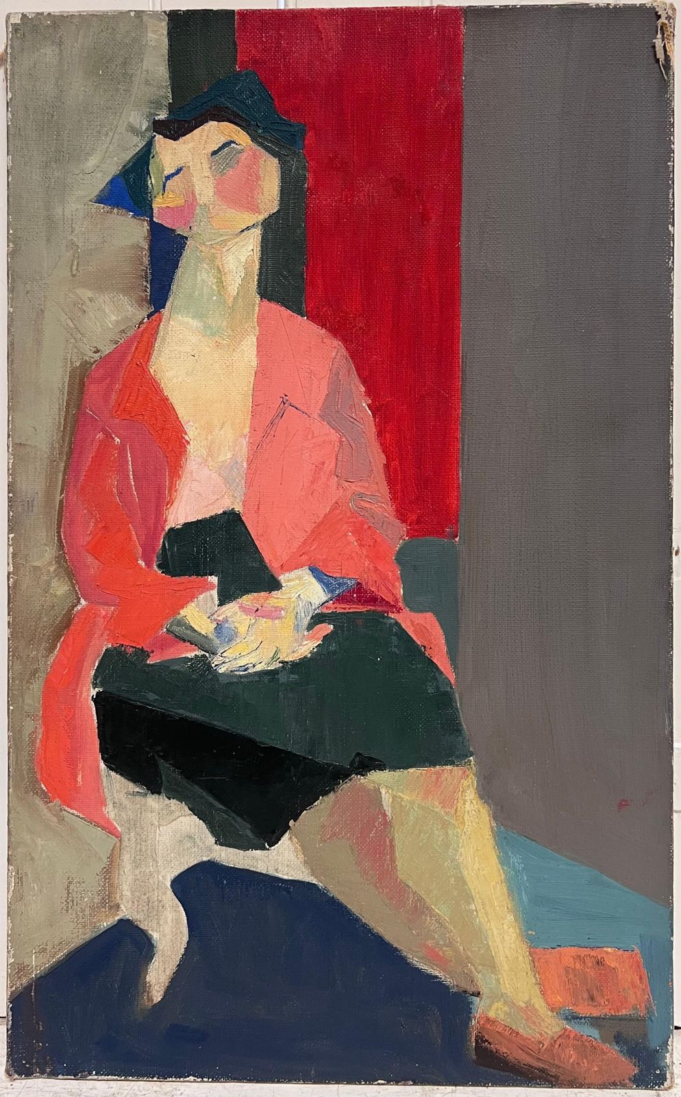 Laure Noetzin Azam (French 1929 2024)fine Mid 20th Century French Cubist Oil Painting Portrait Of Angular Seated Lady photo furniture