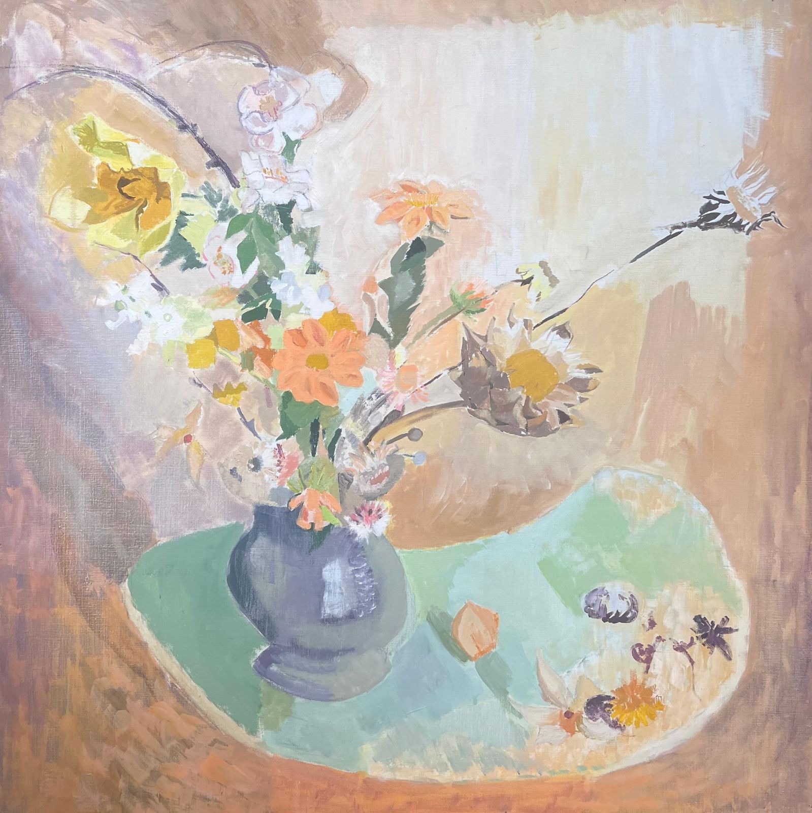 Laure Noetzin Azam (French 1929 2024)large 20th Century French Modernist Oil Painting Vase Of Flowers In Interior