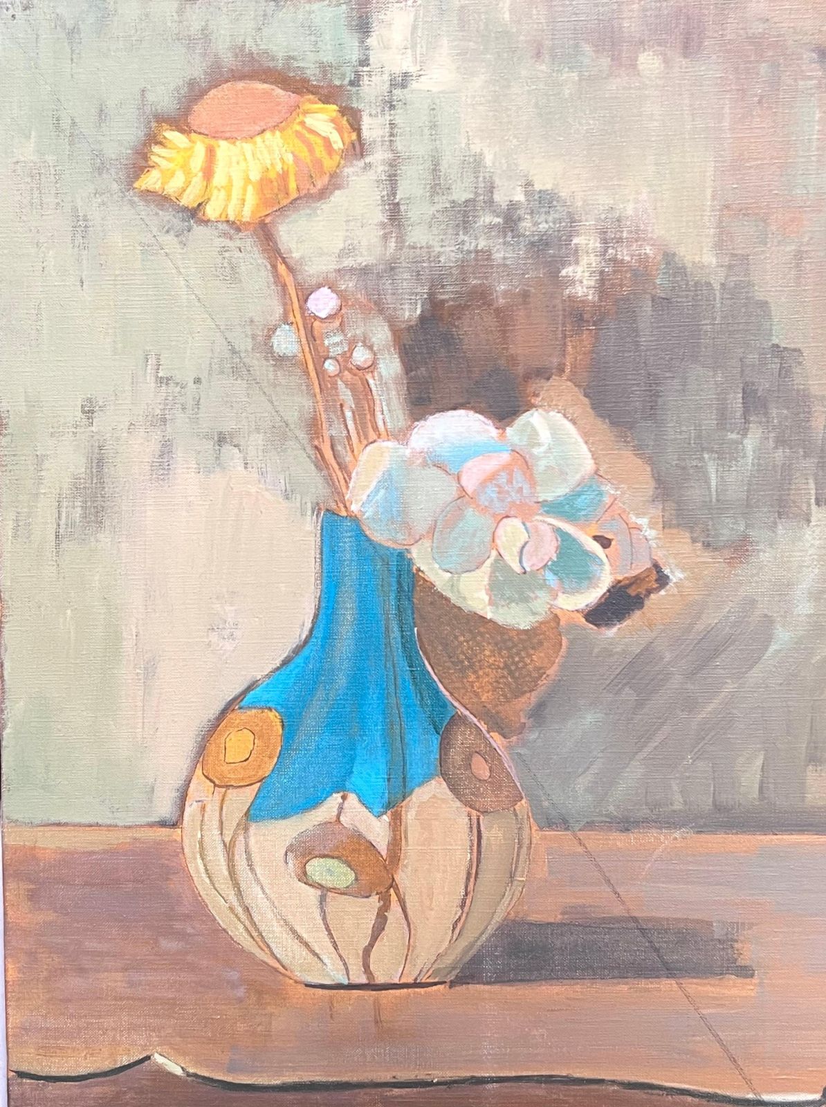 Laure Noetzin Azam (French 1929 2024)fine 20th Century French Modernist Oil Painting Yellow Flower In Blue Vase photo for sale