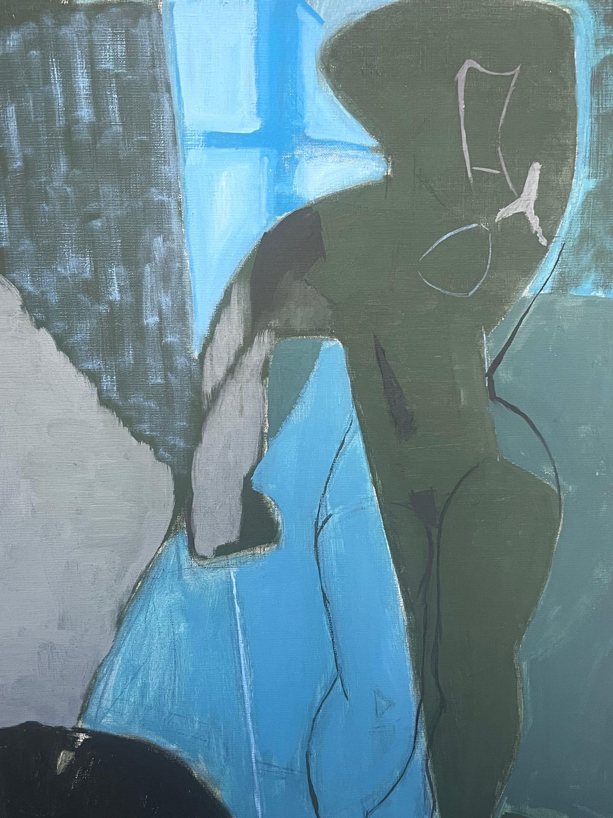 Laure Noetzin Azam (French 1929 2024)20th Century French Modernist Oil Painting Cubist Figure Grey Black And Blue photo Art