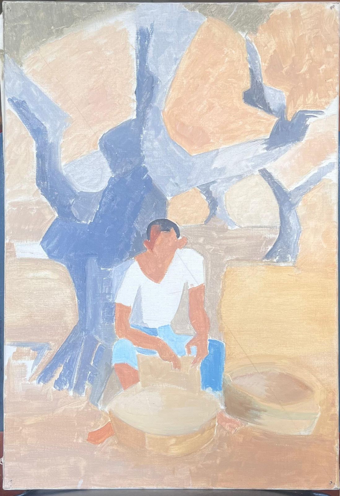 Laure Noetzin Azam (French 1929 2024)20th Century French Modernist Oil Painting Man Seated Under Tree Scorching Heat photo furniture