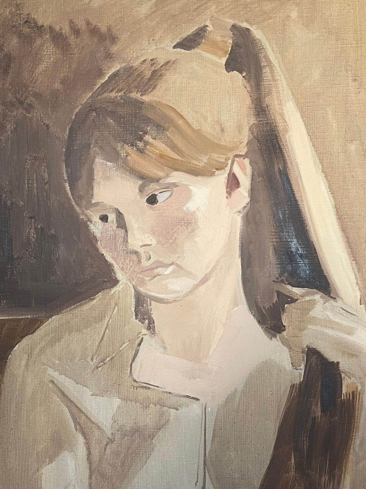 Laure Noetzin Azam (French 1929 2024)portrait Of A Young Woman In Beige 20th Century French Modernist Oil Painting photo for sale