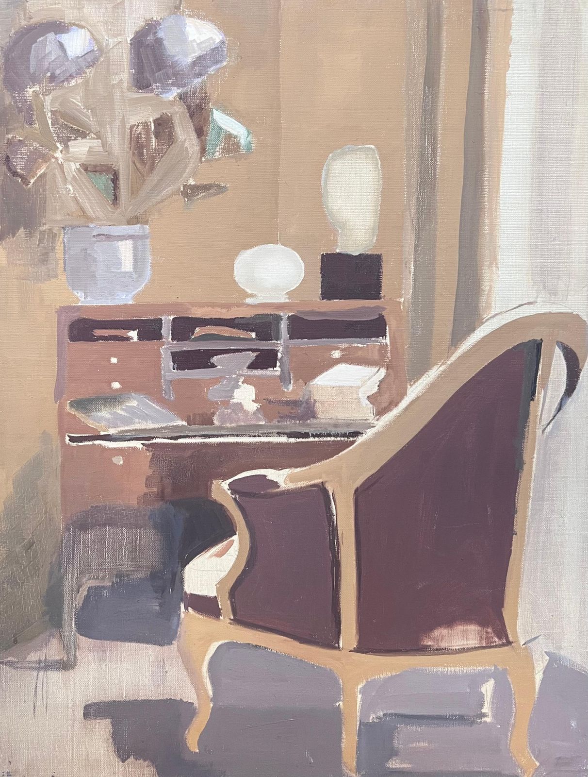 Laure Noetzin Azam (French 1929 2024)20th Century French Modernist Oil Painting Interior Salon Bureau Desk & Chair