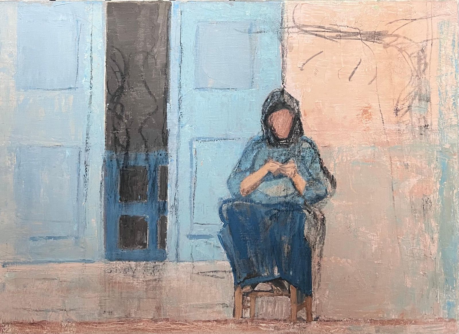 Laure Noetzin Azam (French 1929 2024)20th Century French Modernist Oil Painting Lady Seating On Old Street