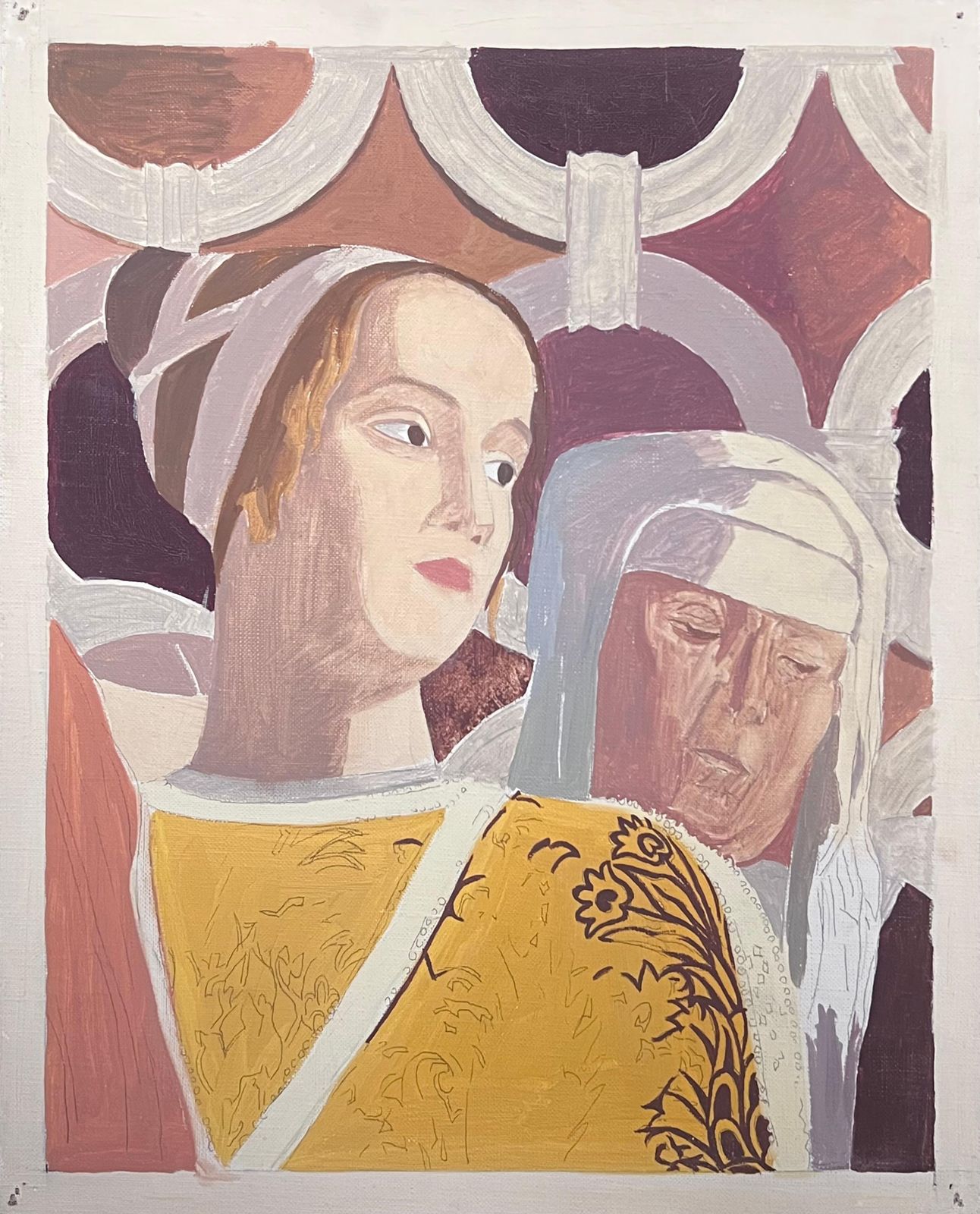 Laure Noetzin Azam (French 1929 2024)fine 20th Century French Modernist Oil Painting Young & Old Nuns Portraits