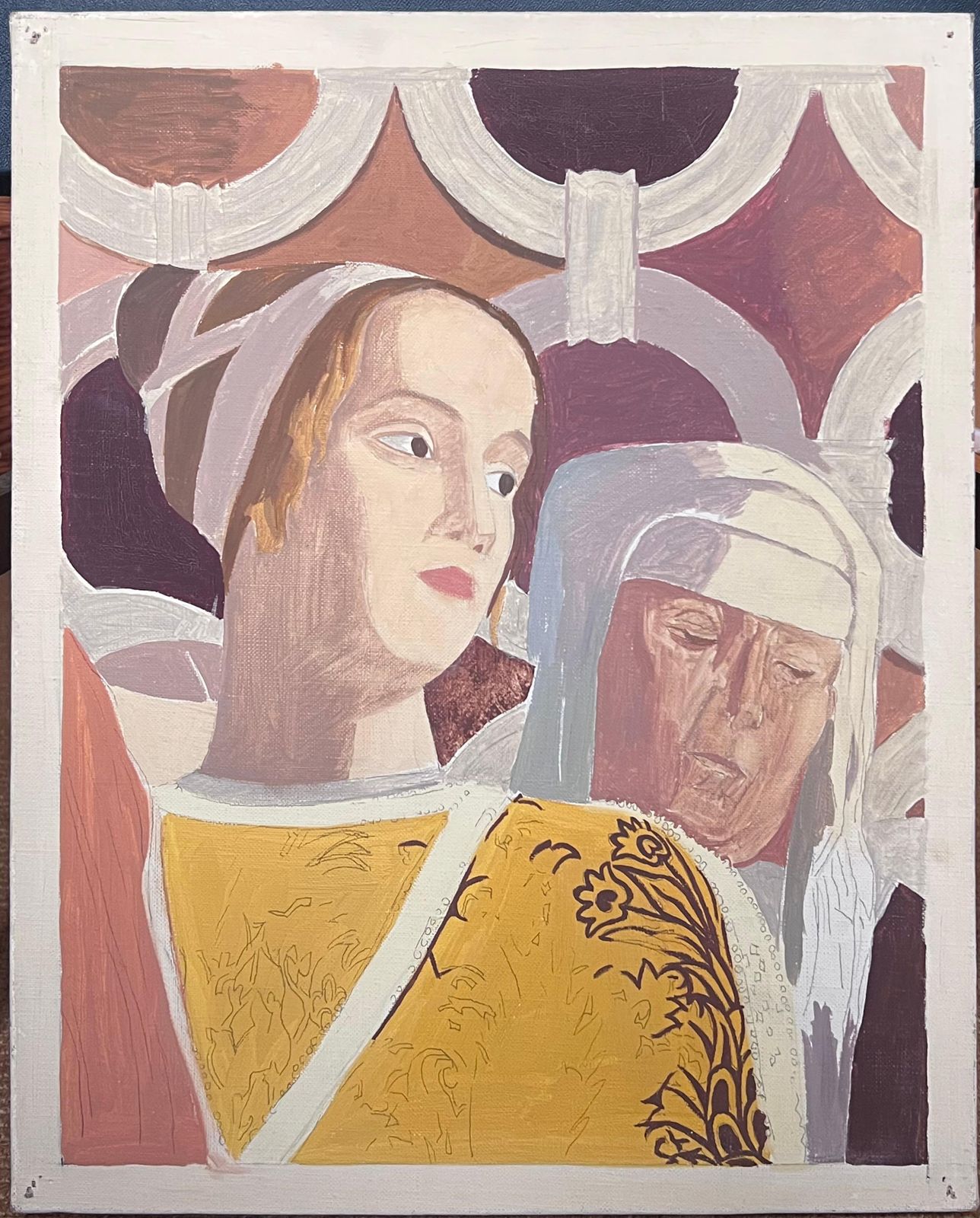 Laure Noetzin Azam (French 1929 2024)fine 20th Century French Modernist Oil Painting Young & Old Nuns Portraits photo furniture
