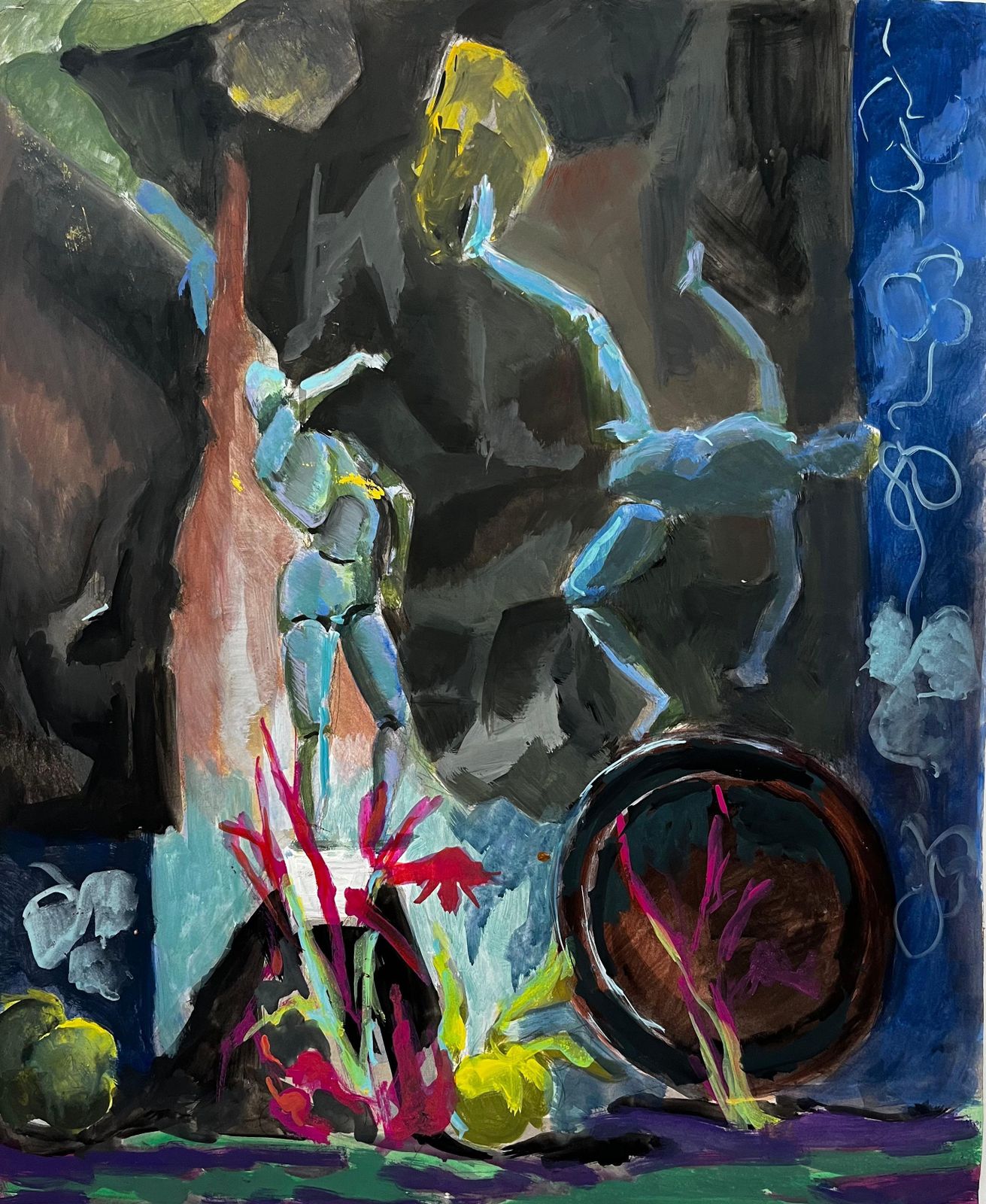 Guy Nicodstill Life With Artist Mannequin Blue Figures Bowl And Floral Elements Modernist
