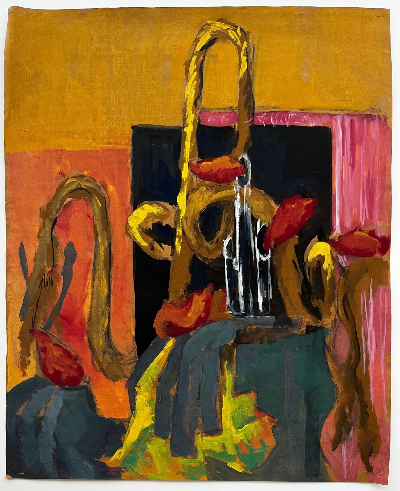 Guy Nicod Abstract Still Life With Brass Musical Instruments Modernist Gouache photo furniture