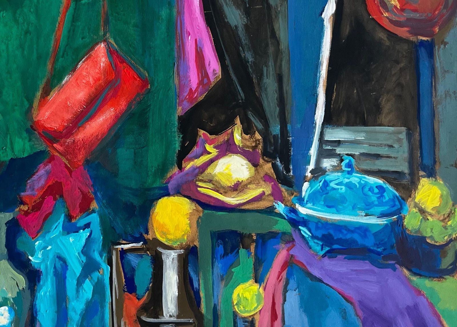 Guy Nicod Colourful Interior Still Life With Vases Bowls And Hanging Bag Modernist Gouache photo buy