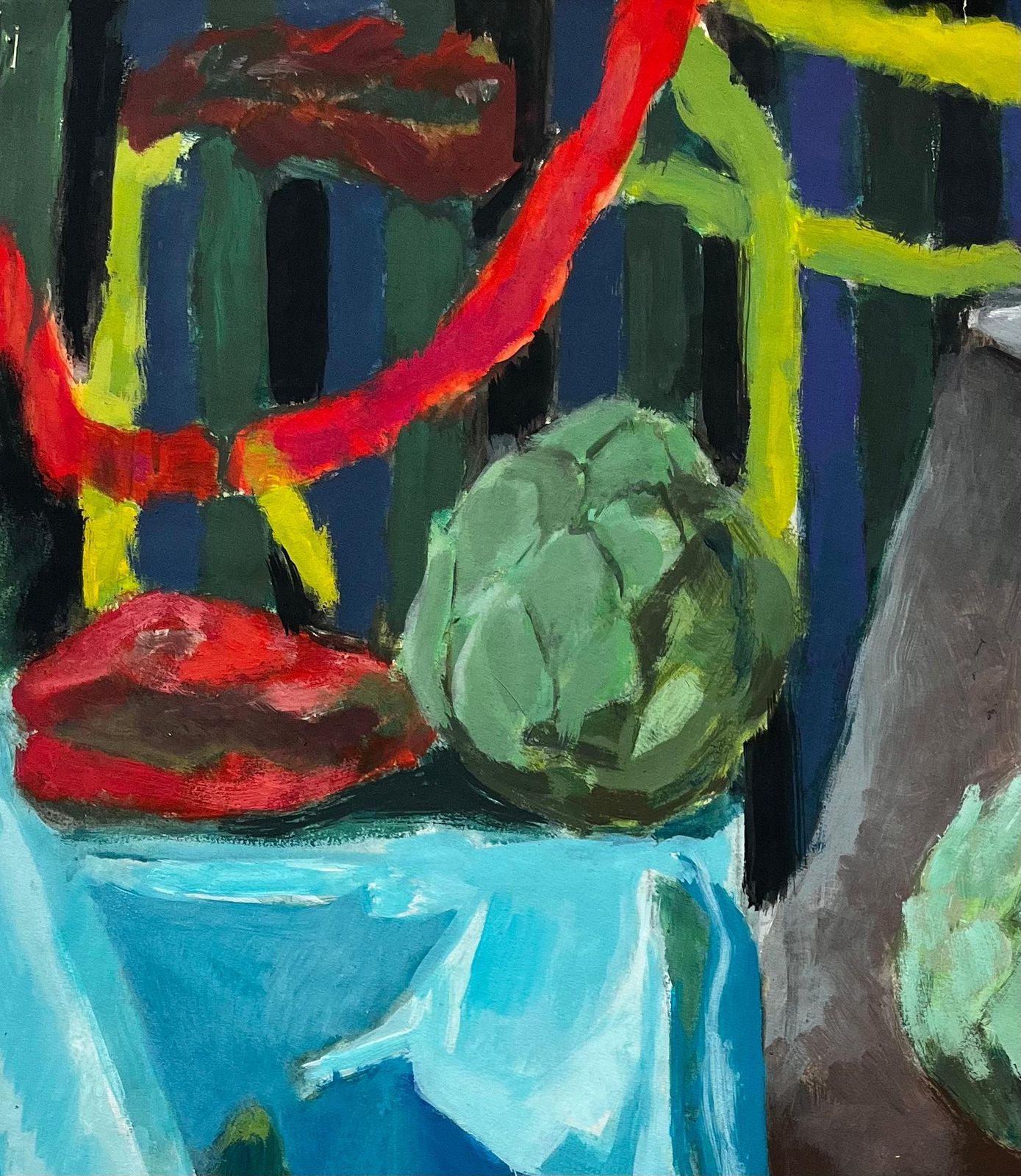 Guy Nicod Artichokes Blue Drapery And Still Life Vegetables Gouache Painting photo 581.0