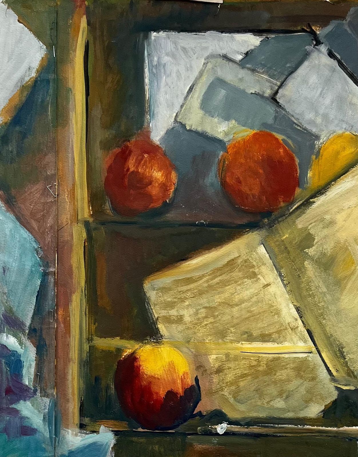 Guy Nicod Abstract Still Life With Books Papers And Apples French Modernist Gouache photo for sale