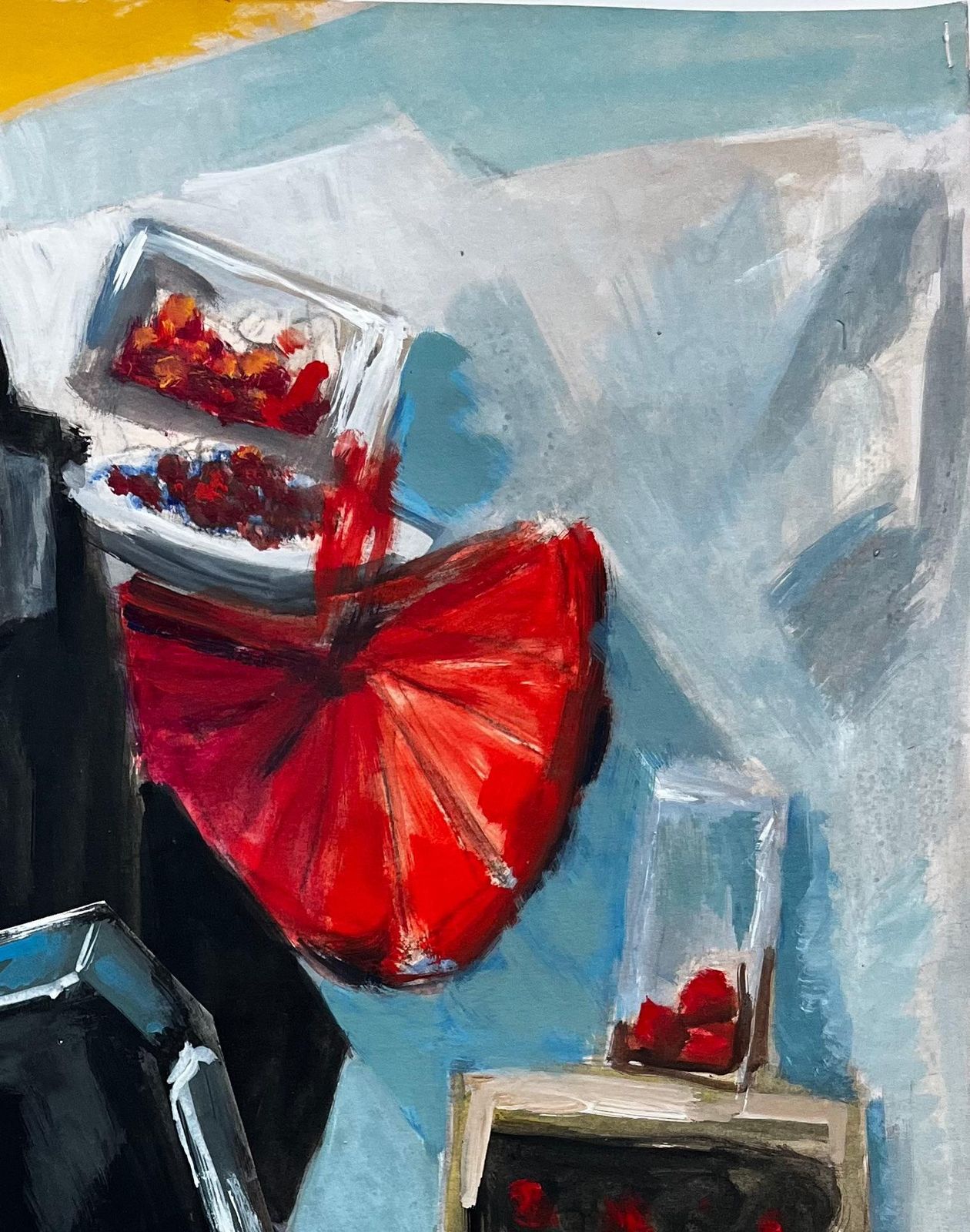 Guy Nicod Abstract Still Life With Cherries Silver Trays And Berry Containers Gouache photo Art