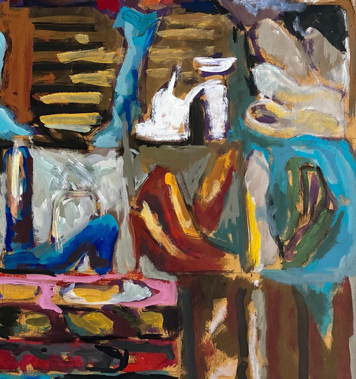 Guy Nicod Abstract Interior With Womens Shoes Colourful French Modernist Gouache Painting photo vintage