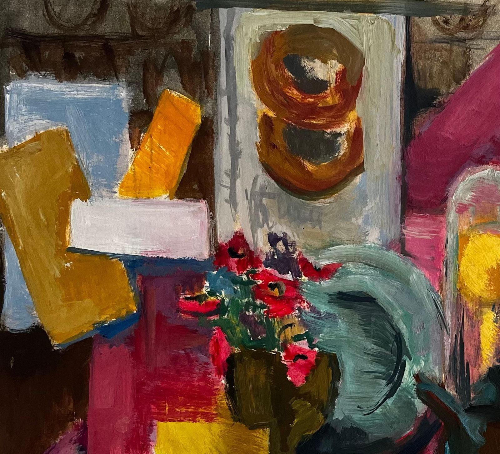 Guy Nicod Abstract Still Life With Flowers Lemons Jug Cup And Cloche Modernist Gouache photo for sale