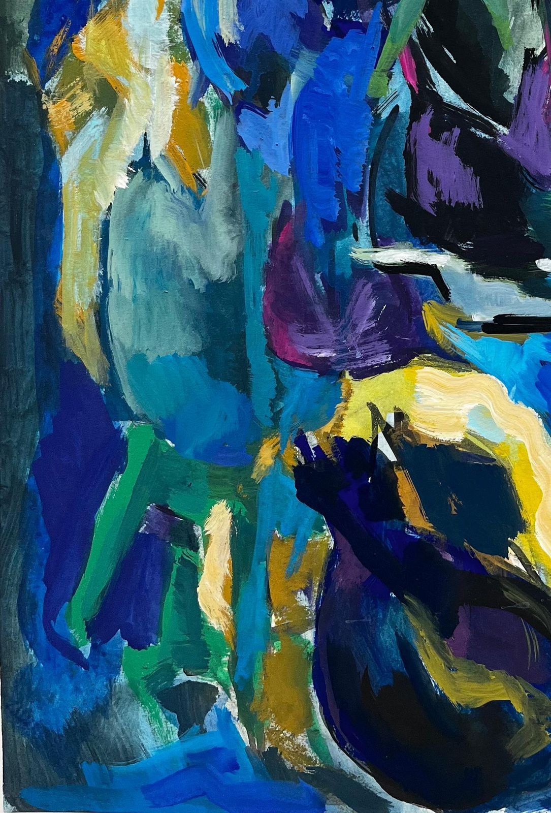 Guy Nicod Abstract Blue Floral Still Life With Vases And Purple Tulips Modernist Gouache photo vinterior